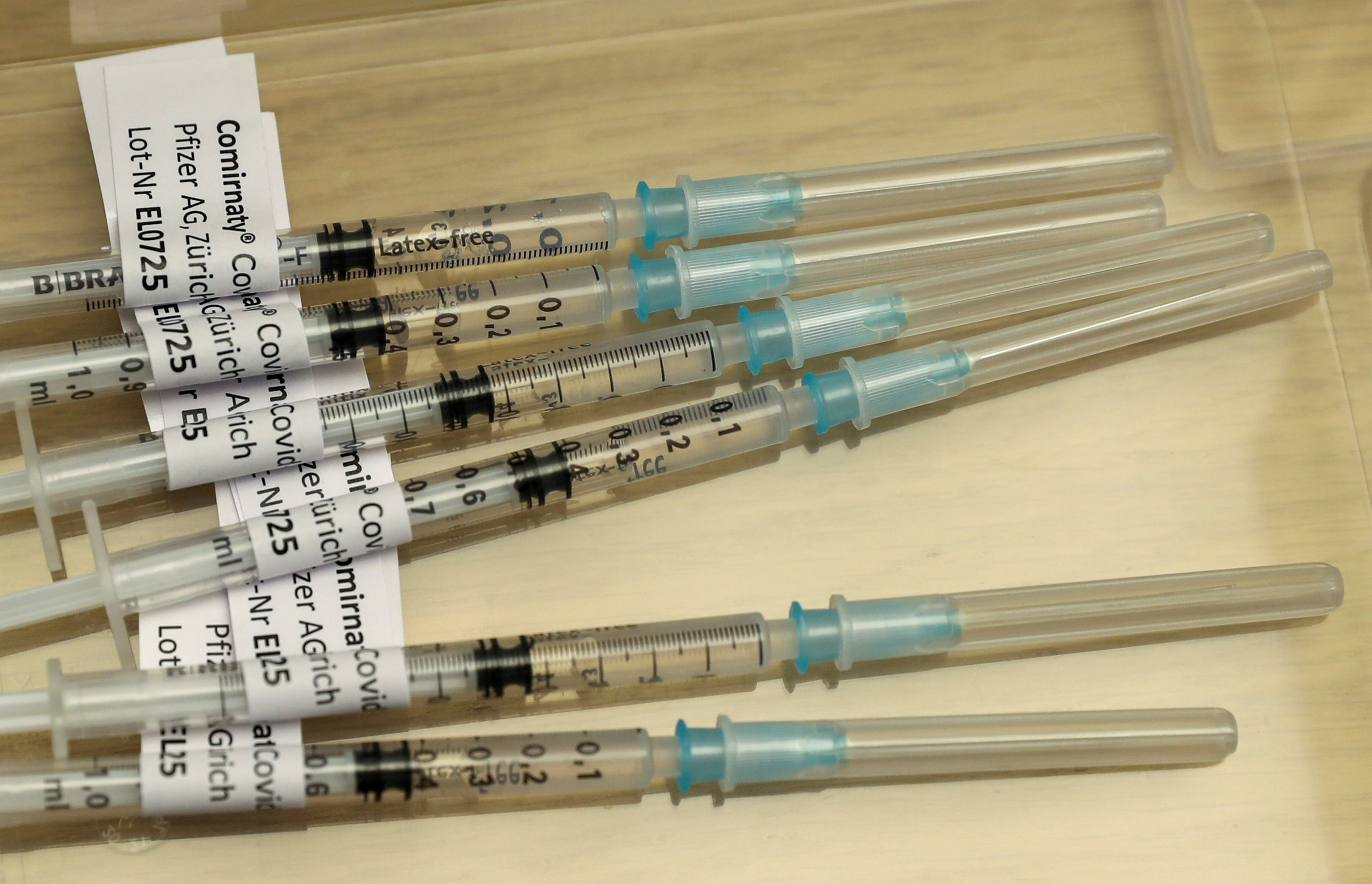 Syringes are seen at the Impfzentrum Basel Stadt vaccination center in Basel