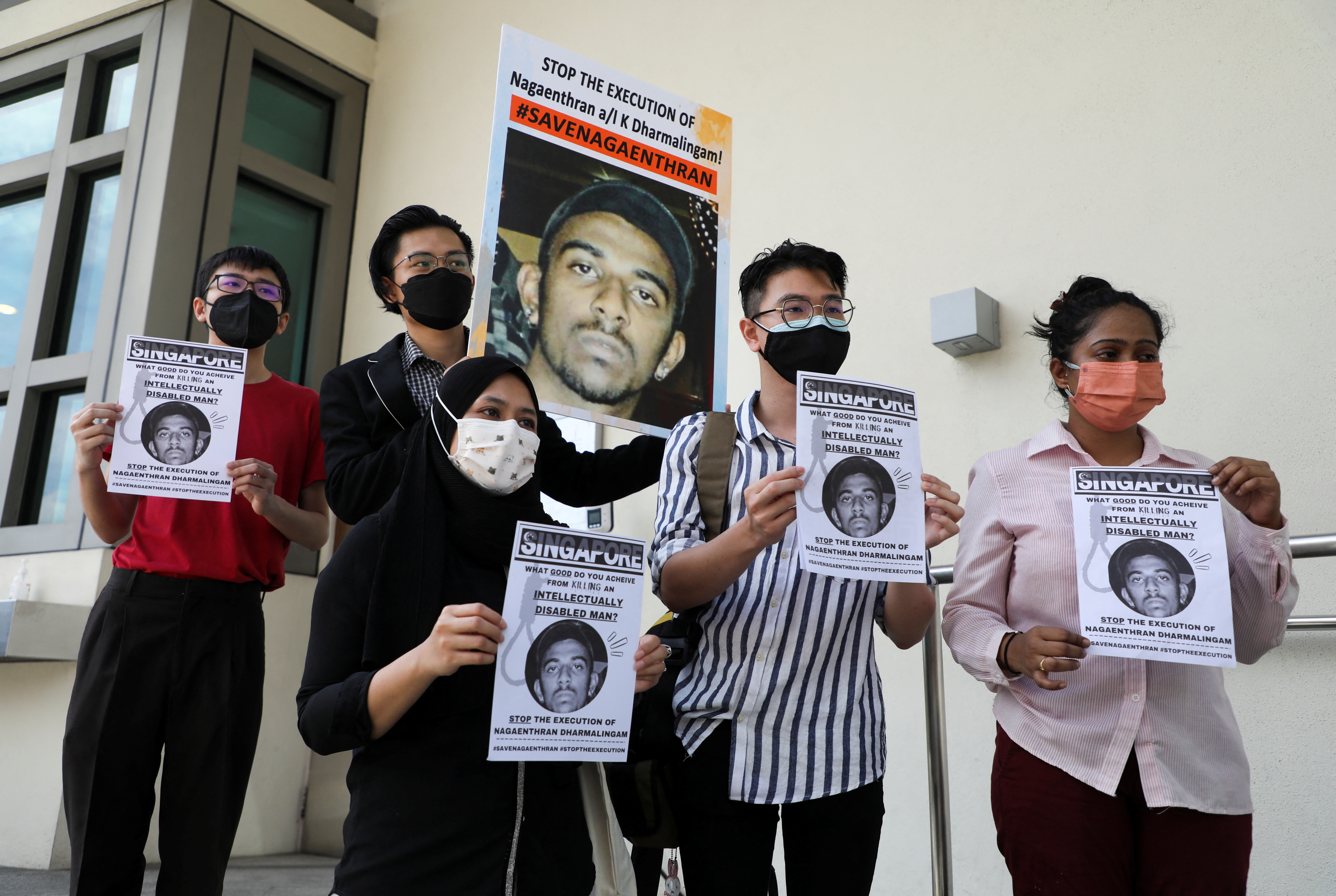 Activists demonstrate against the execution of Nagaenthran Dharmalingam, a Malaysian whose intellect, his defence and human rights groups have argued, was at a level recognised as a mental disability, for drug trafficking, in Kuala Lumpur
