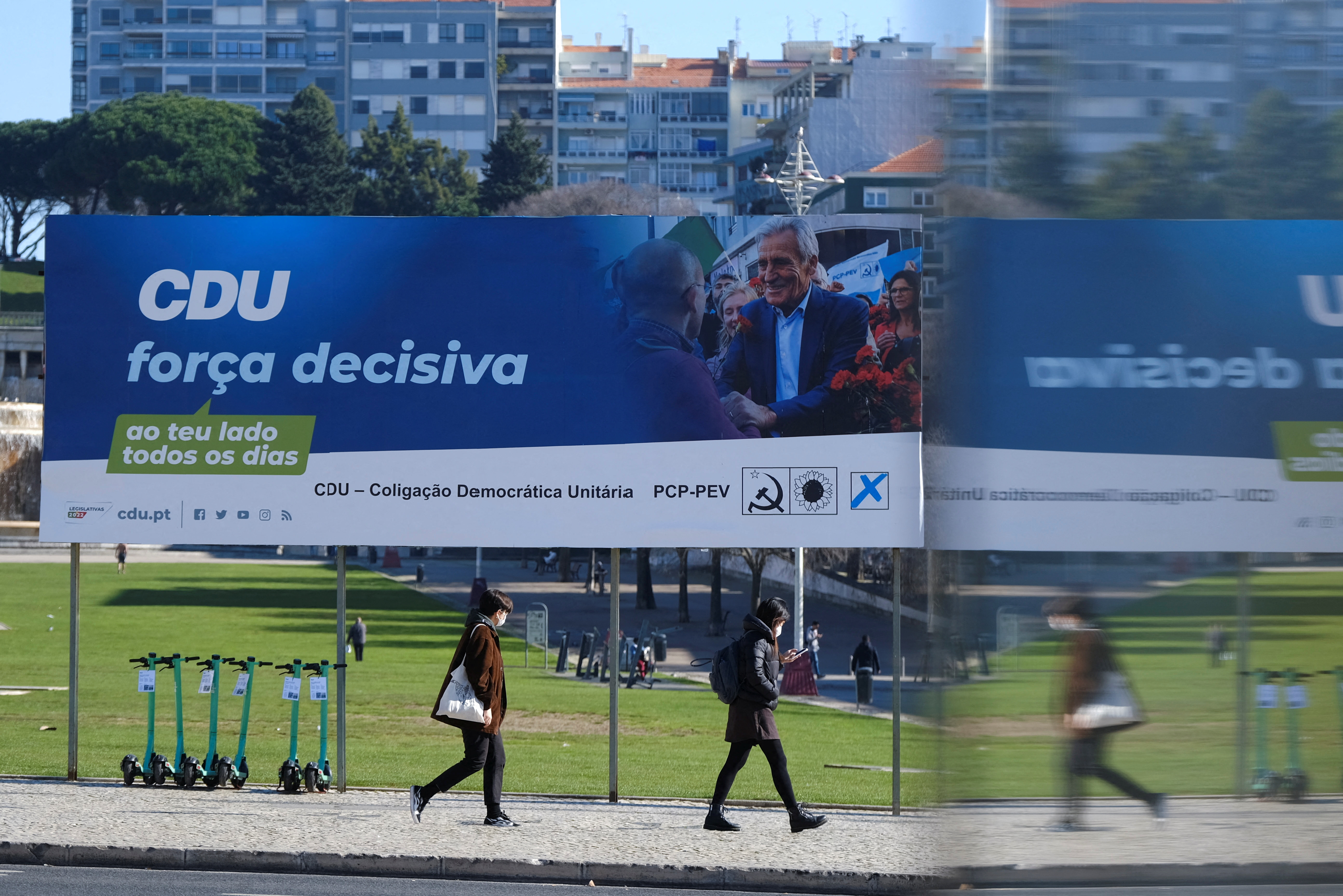 A CDU communist party billboard for the snap elections which is to take place on January 30 is seen in Lisbon