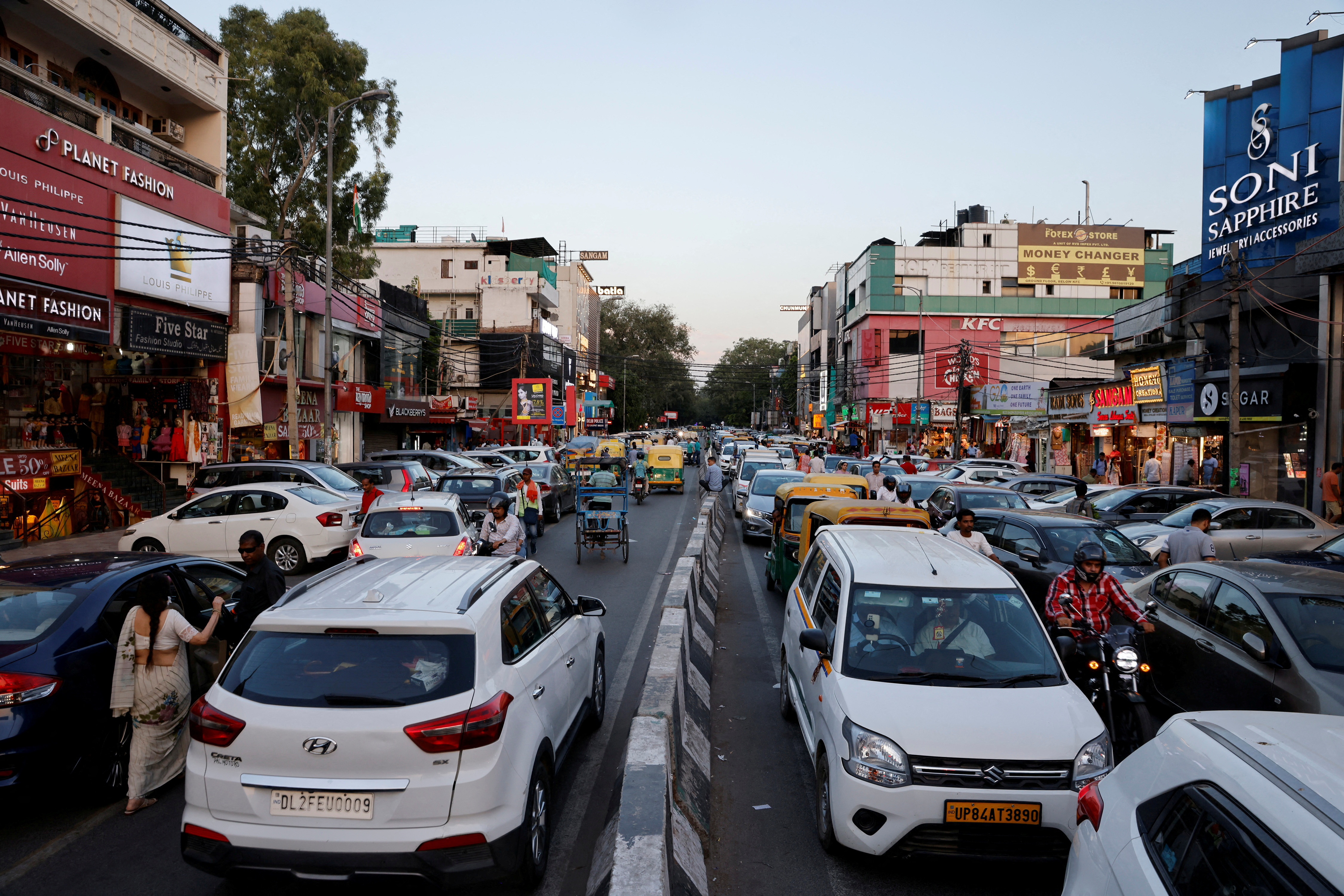 Traffic is seen on a street in New Delhi