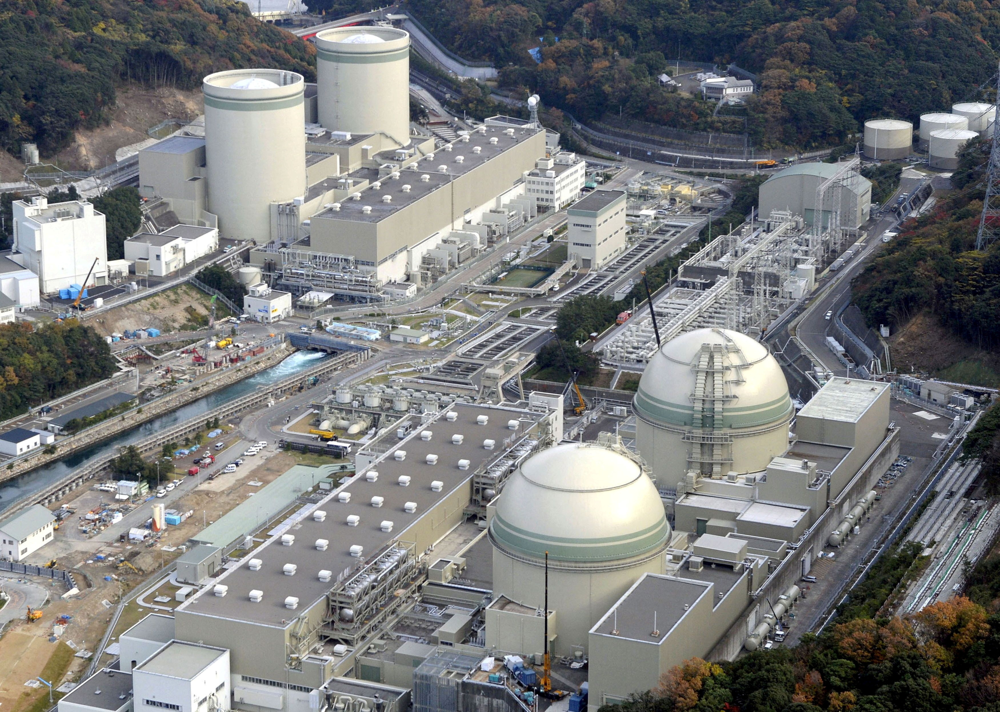 Aerial view shows reactor buildings at Kansai Electric Power Cos Takahama nuclear power plant in Takahama town Fukui prefecture