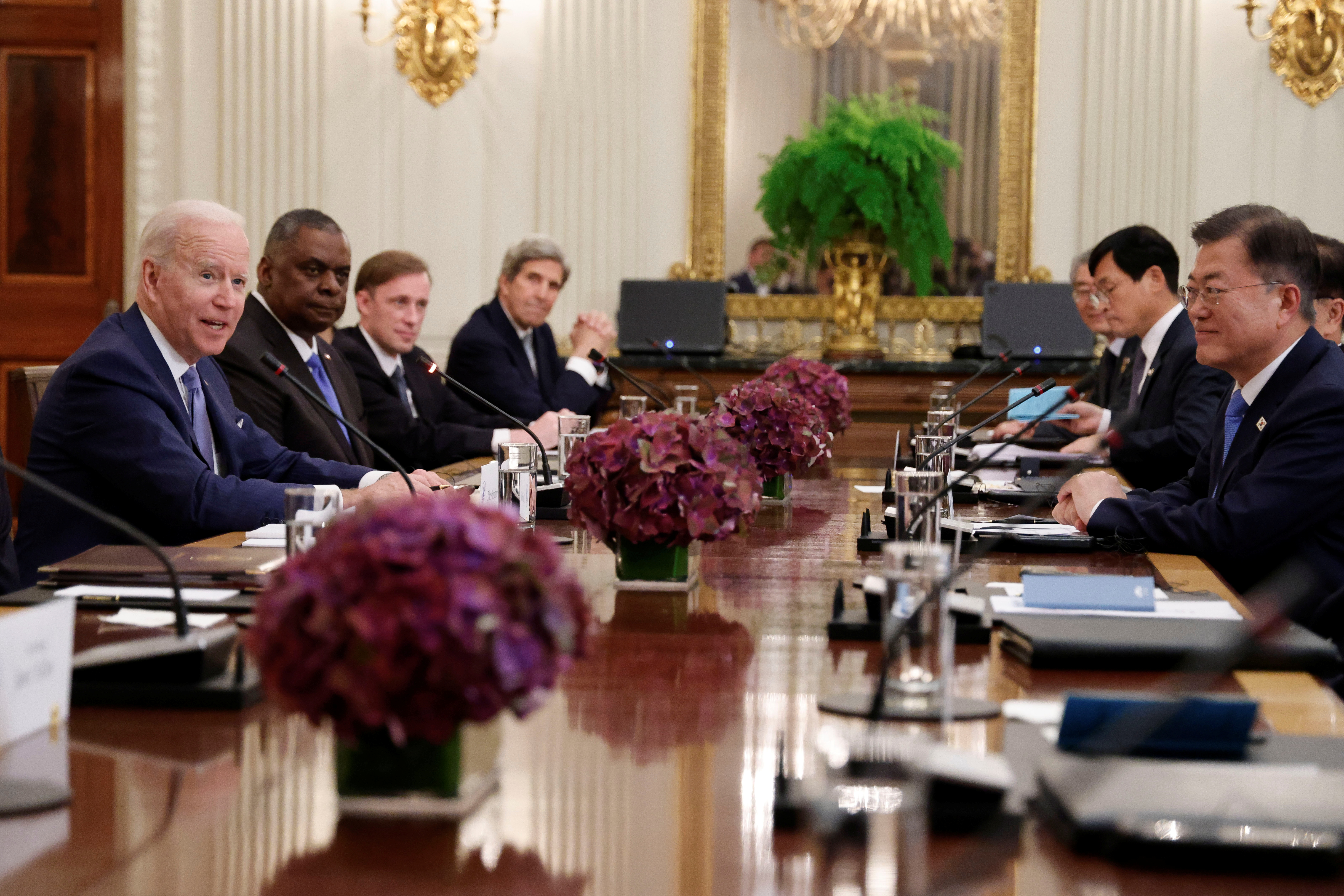 U.S. President Biden and South Korea's President Moon Jae-in participate in an expanded bilateral meeting at the White House