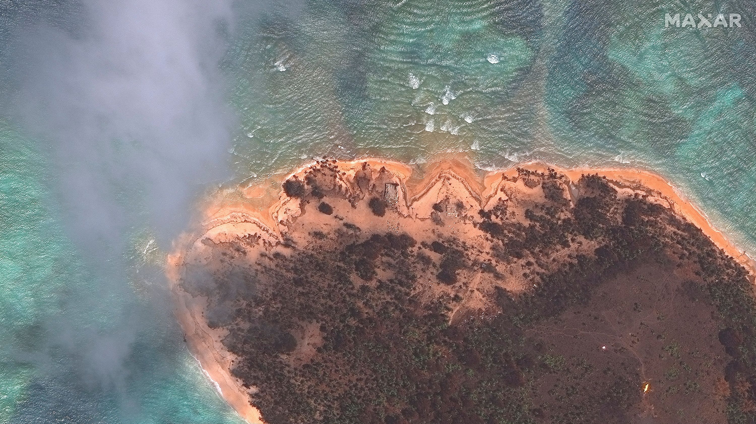 A satellite image shows Mango islands after Hunga Tonga-Hunga Ha'apai volcano eruption, in  Tonga