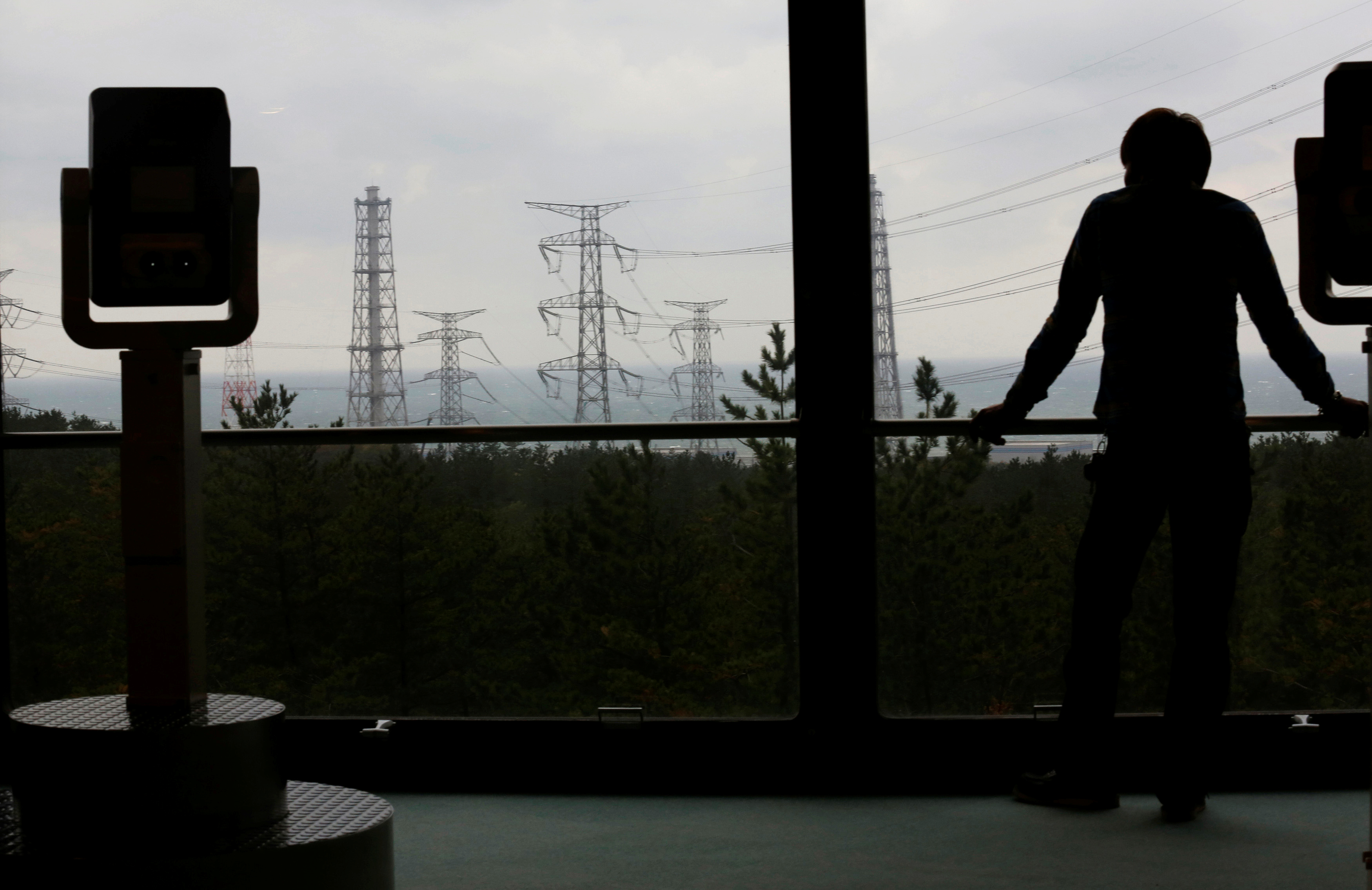 A visitor is silhouetted next to a pair of binoculars as he looks at Tokyo Electric Power Co.'s (TEPCO) Kashiwazaki Kariwa nuclear power plant, which is the world's biggest, at an observatory of its exhibition hall in Kashiwazaki November 12, 2012.  REUTERS/Kim Kyung-Hoon