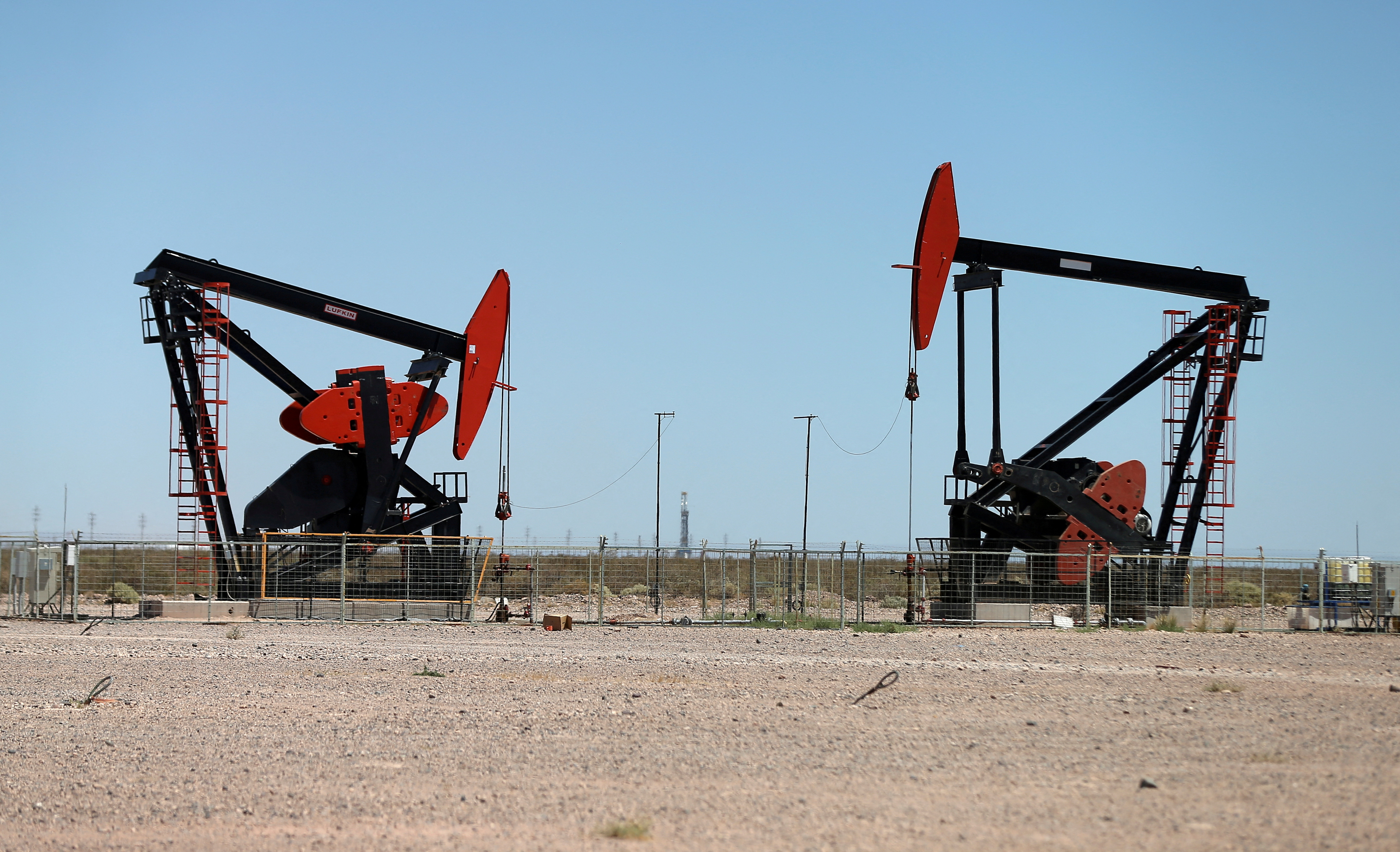 Oil pump jacks are seen at Vaca Muerta shale oil and gas drilling, in the Patagonian province of Neuquen
