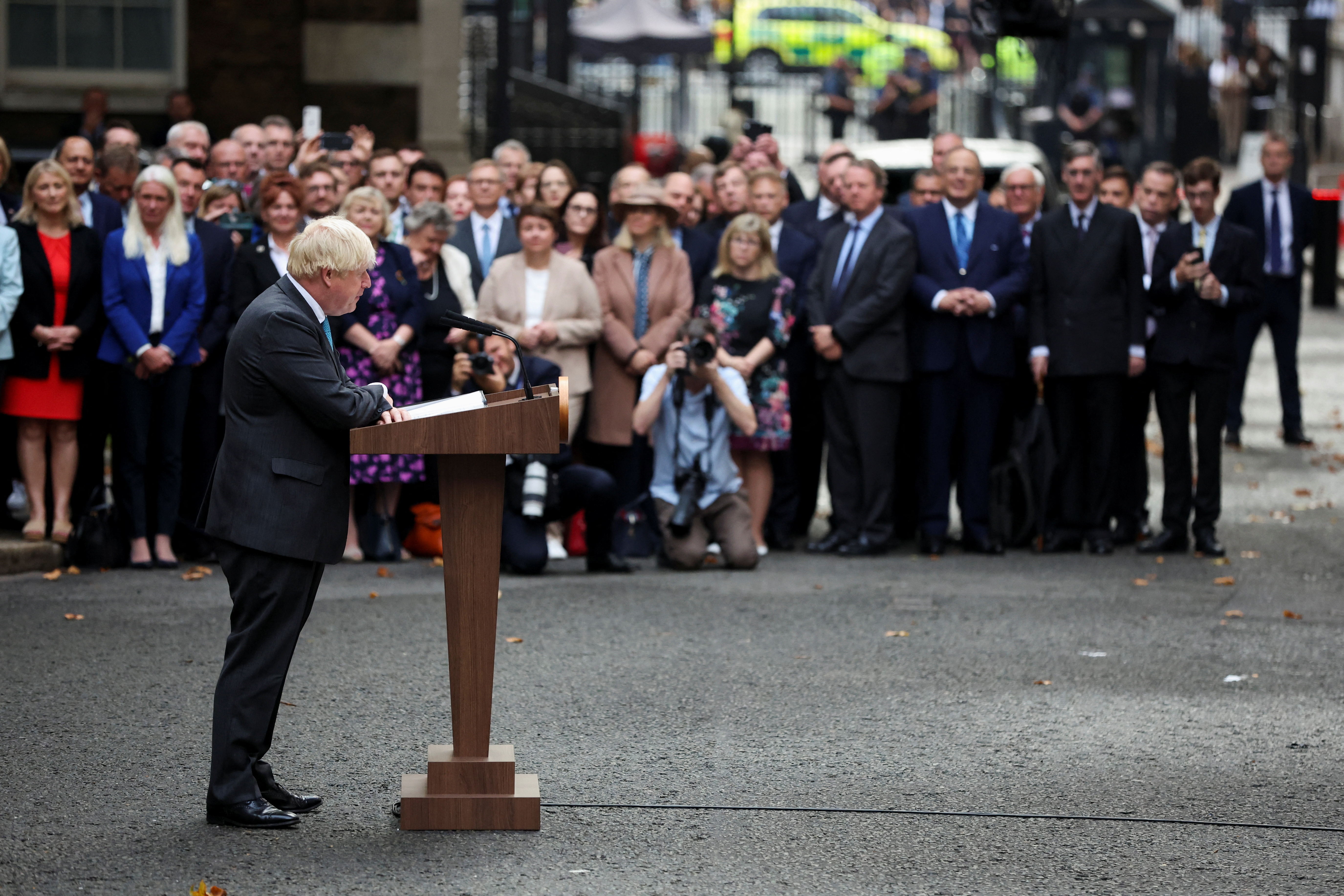 Outgoing British PM Boris Johnson delivers a speech in Downing Street in London