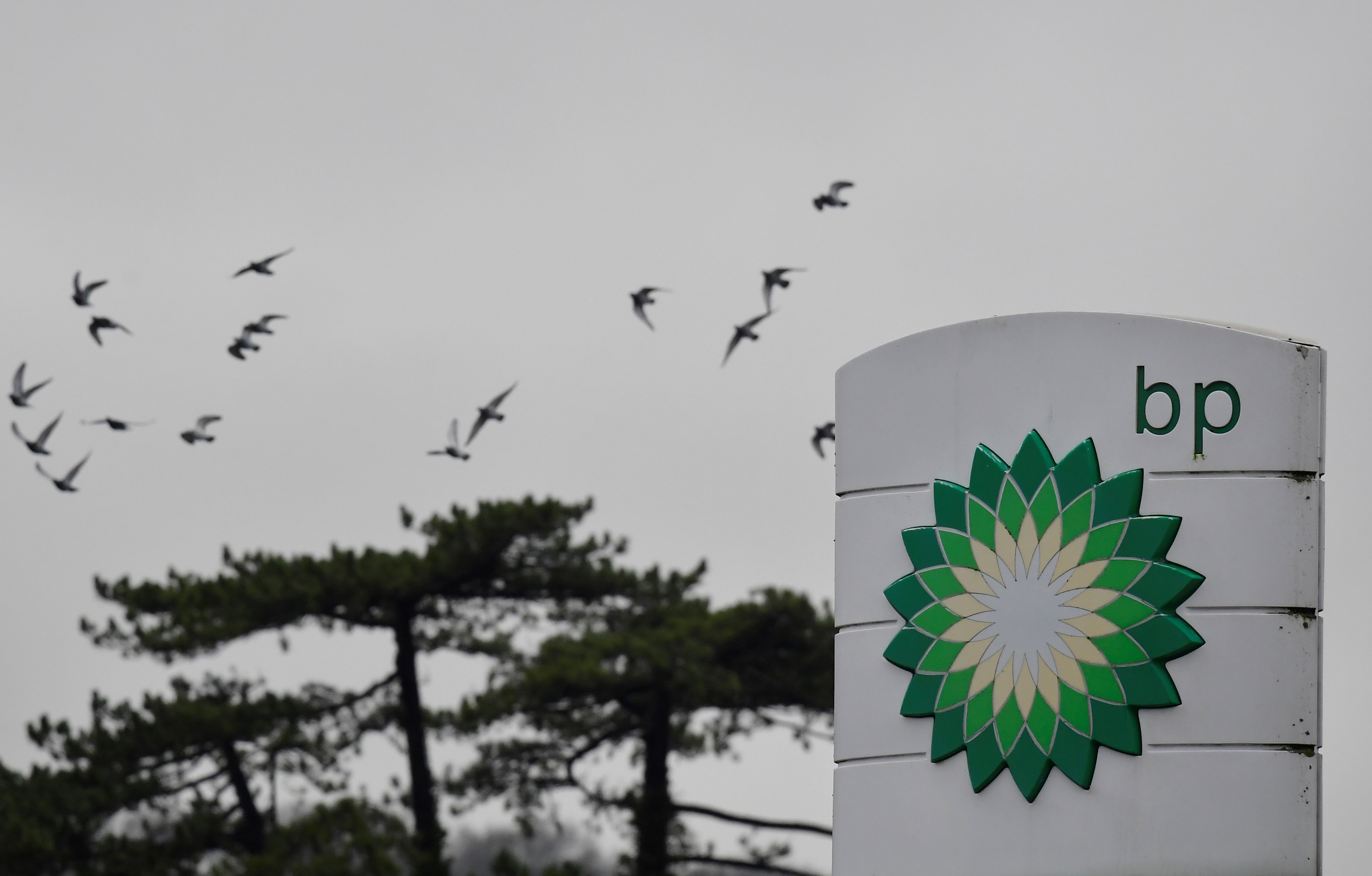 Signage is seen for BP (British Petroleum) at a service station near Brighton