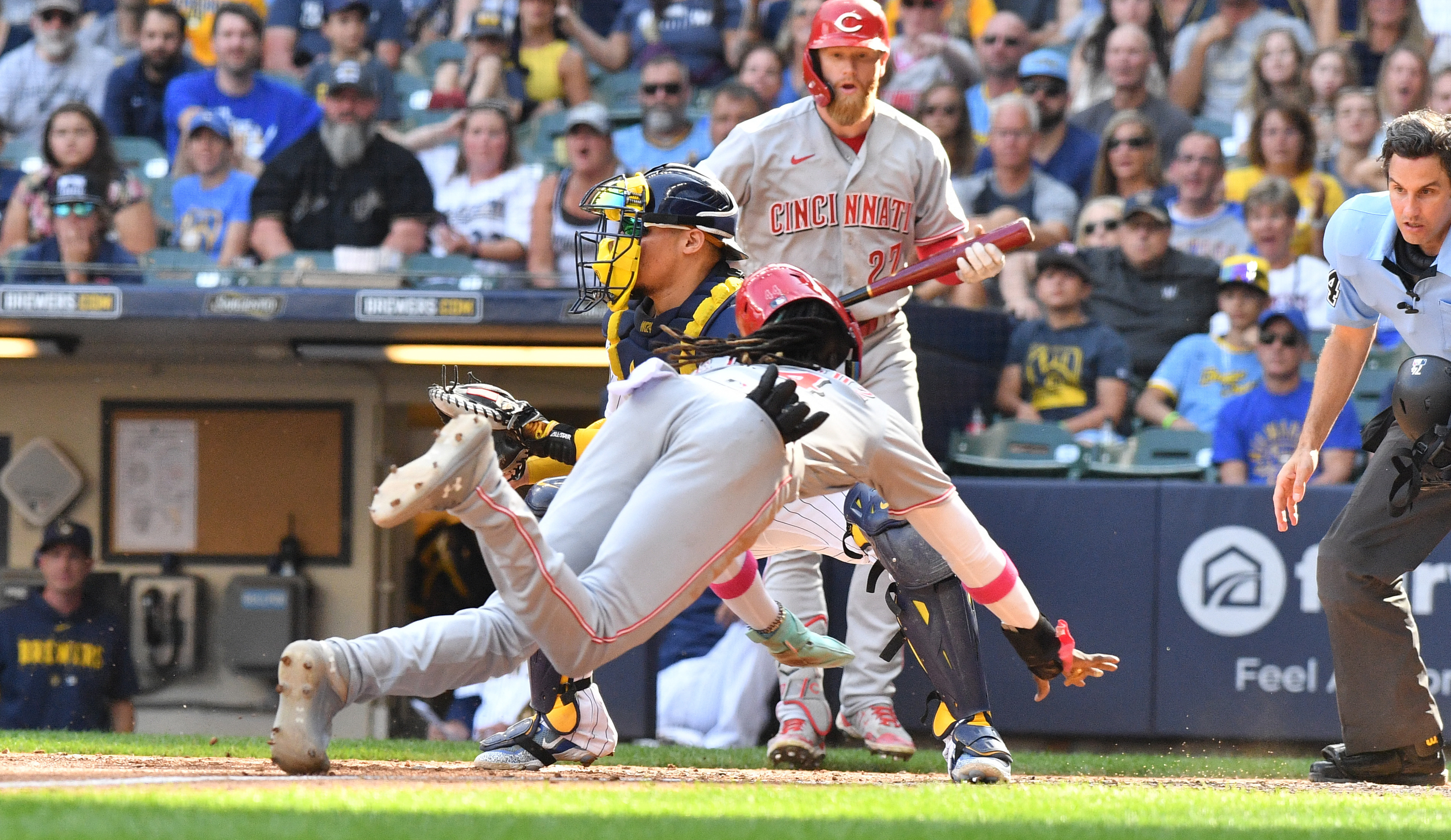 Milwaukee, WI, USA. 21st June, 2019. After scoring Cincinnati Reds