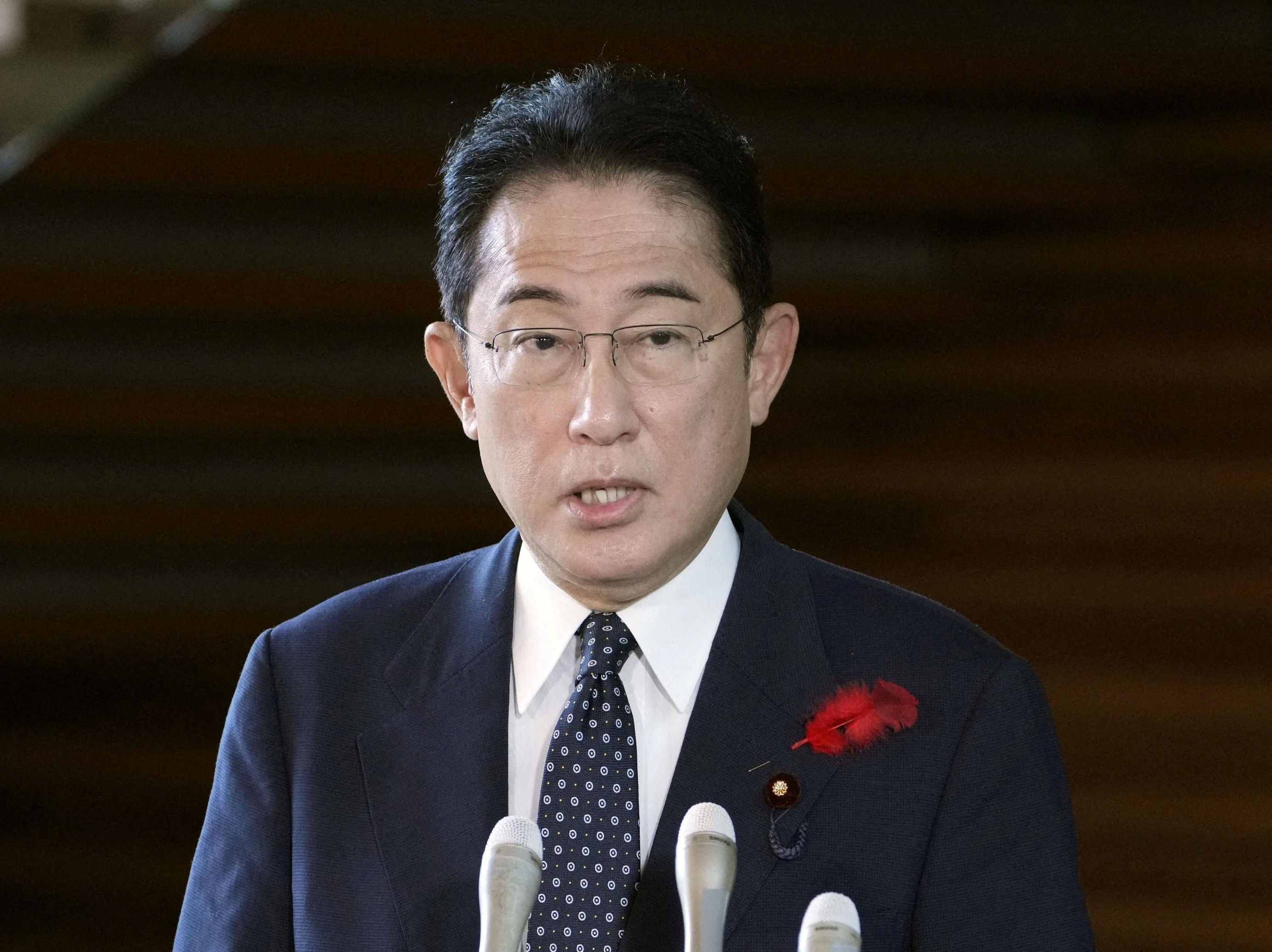 Japan's Prime Minister Fumio Kishida speaks to the media after North Korea fired a ballistic missile over Japan, in Tokyo