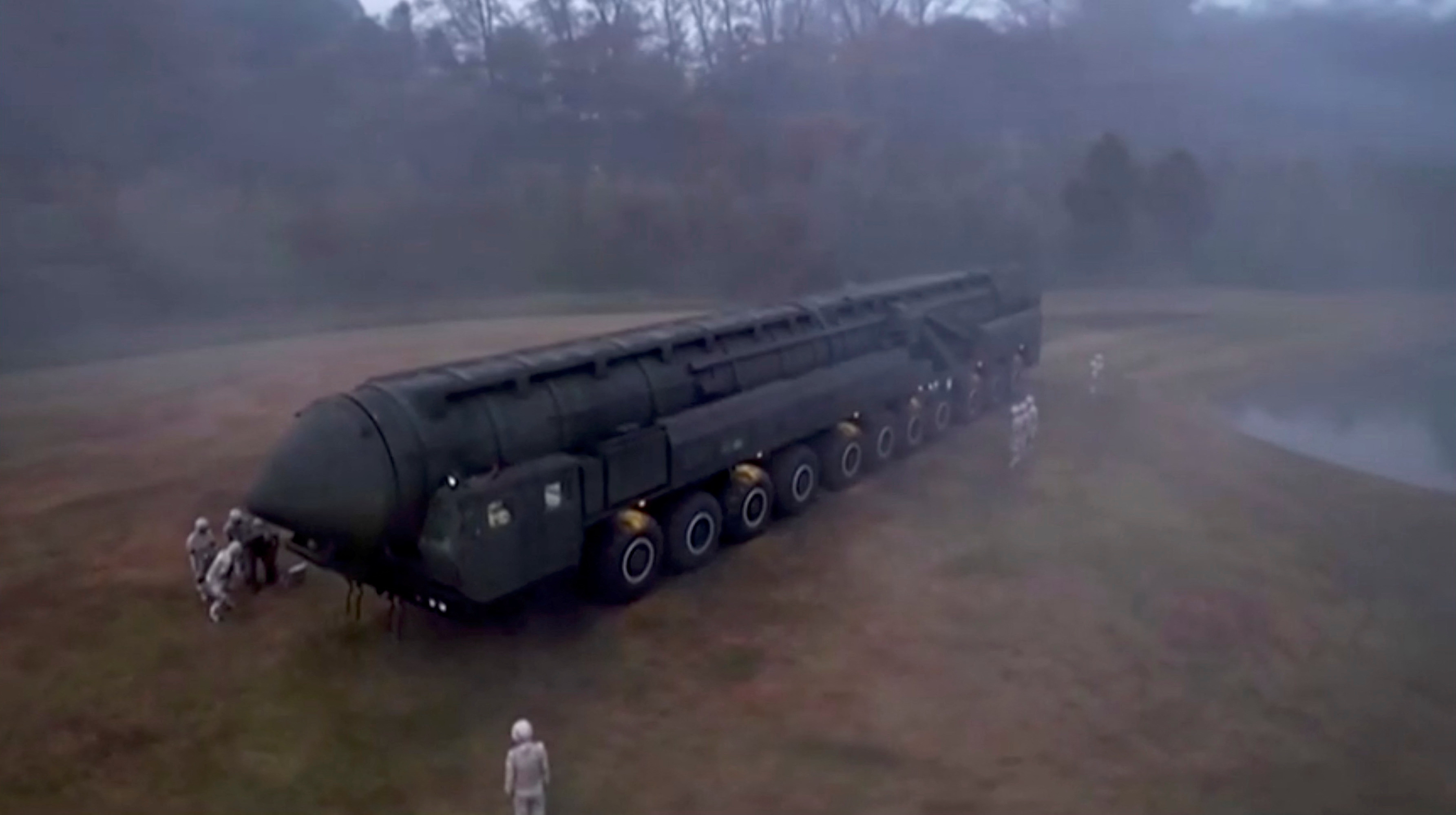 A view shows what they say is a mobile missile launcher vehicle parked at an undisclosed location in this screengrab obtained from a video released on November 1, 2024. KRT/via Reuters TV/Handout via REUTERS 