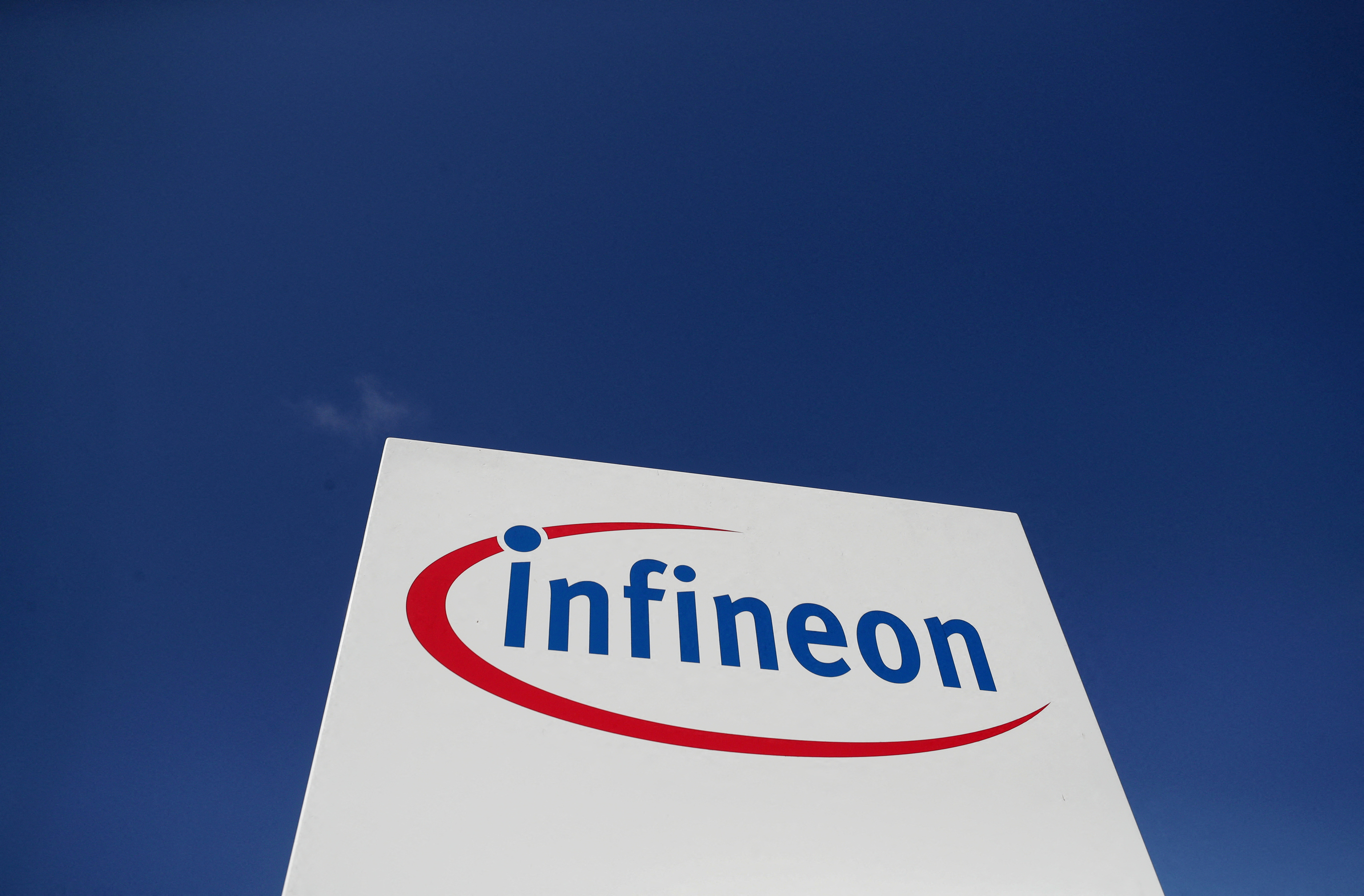 The logo of semiconductor manufacturer Infineon is seen at its Austrian headquarters in Villach