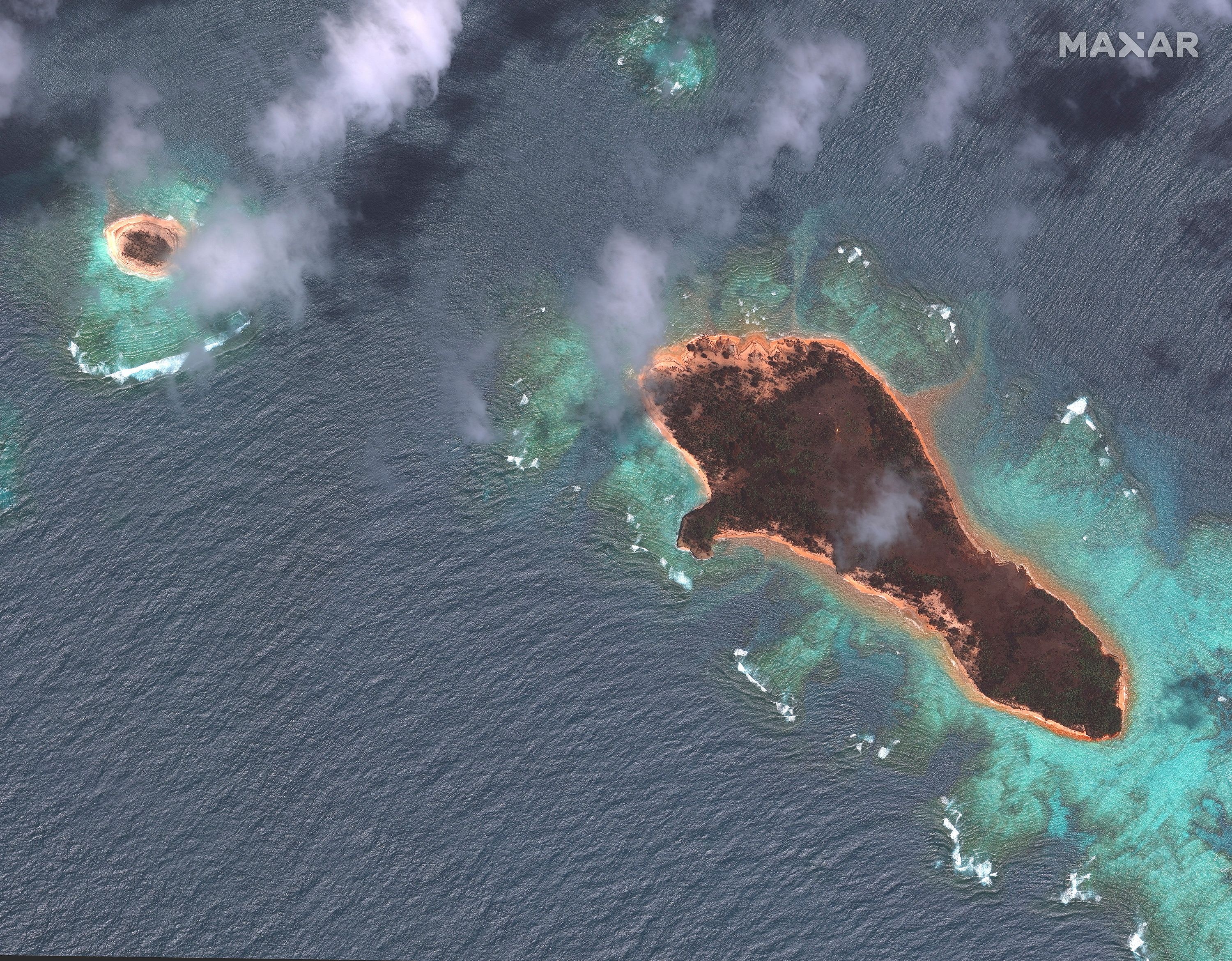 A satellite image shows Mango islands after Hunga Tonga-Hunga Ha'apai volcano eruption, in  Tonga