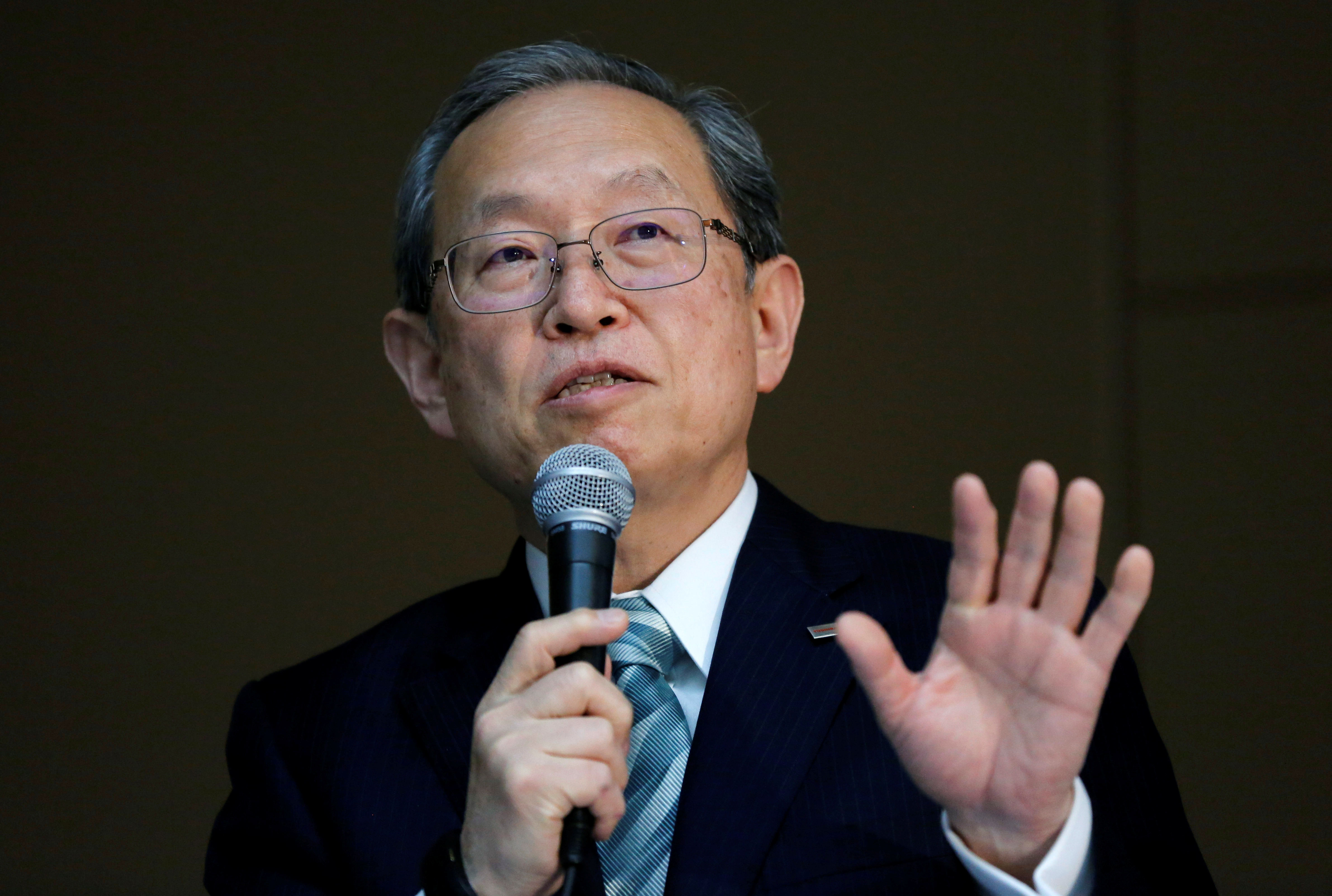 Toshiba Corp CEO Tsunakawa attends a news conference at the company's headquarters in Tokyo