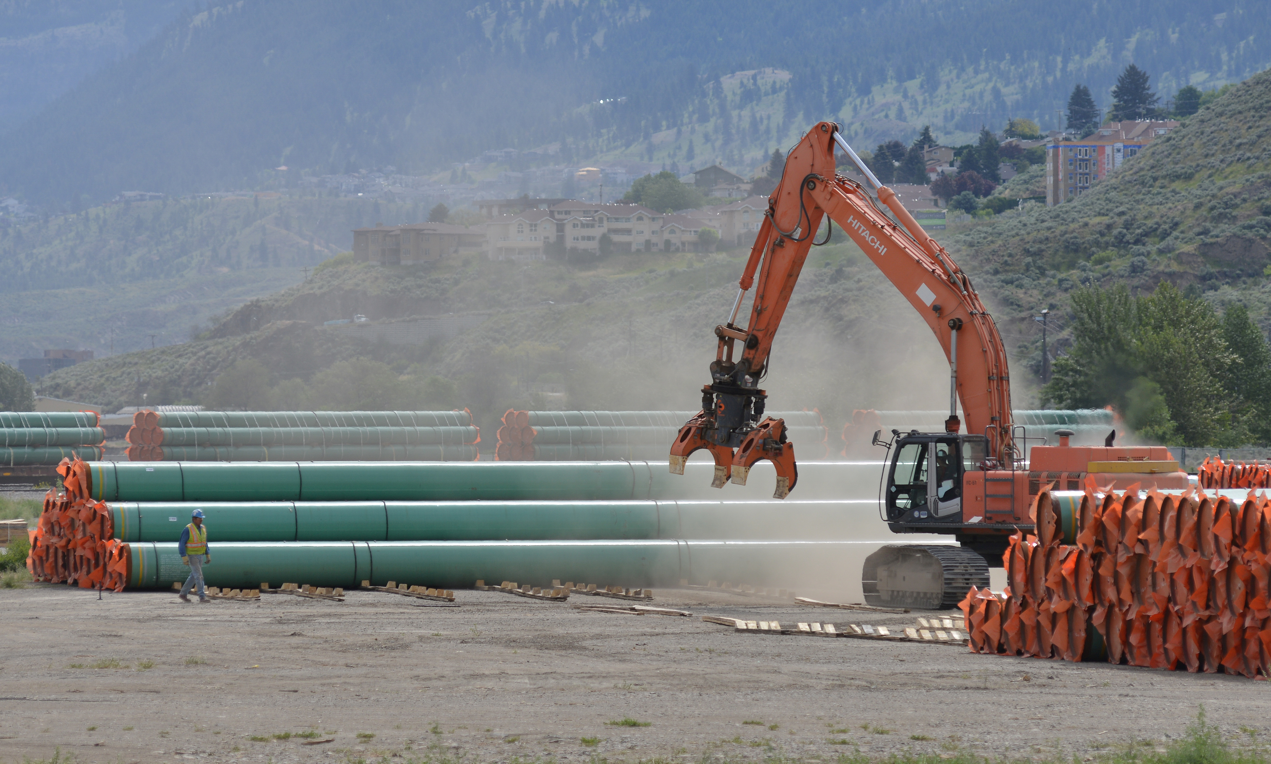Steel pipe to be used in the pipeline construction of the Trans Mountain Expansion Project at a stockpile site in Kamloops