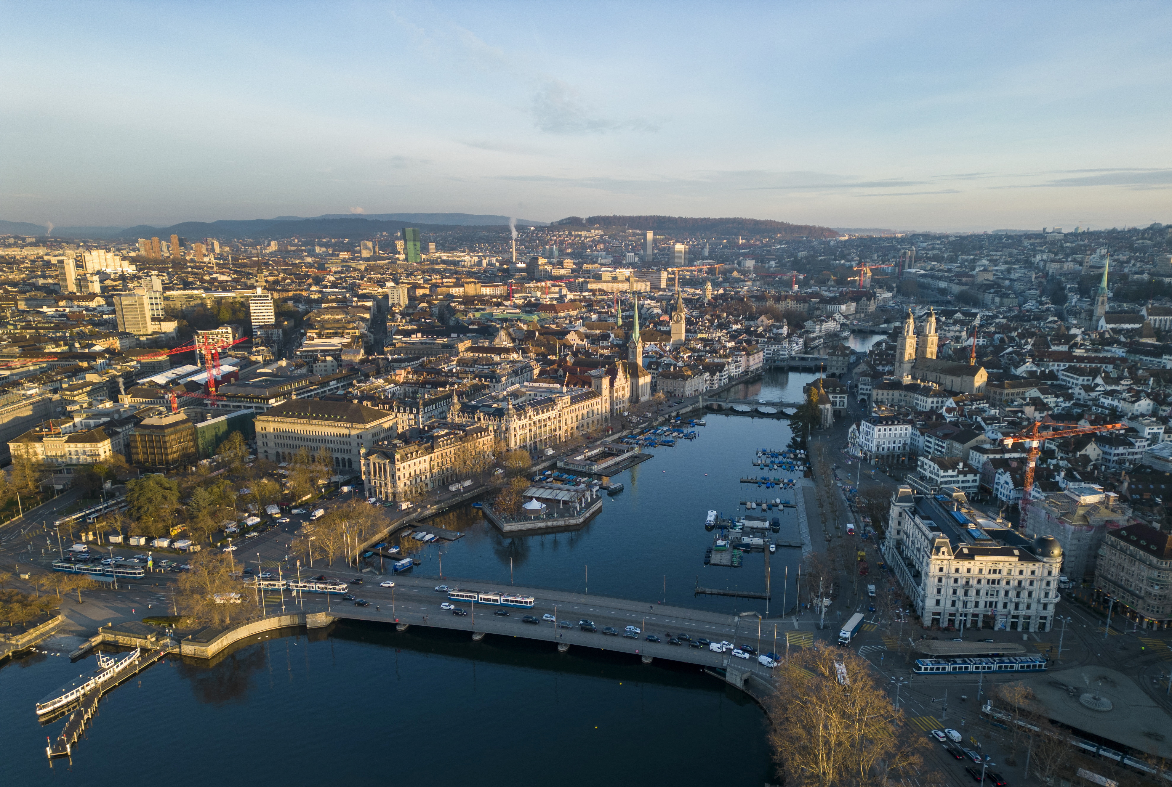 The Limmat river and the city are seen early morning in Zurich