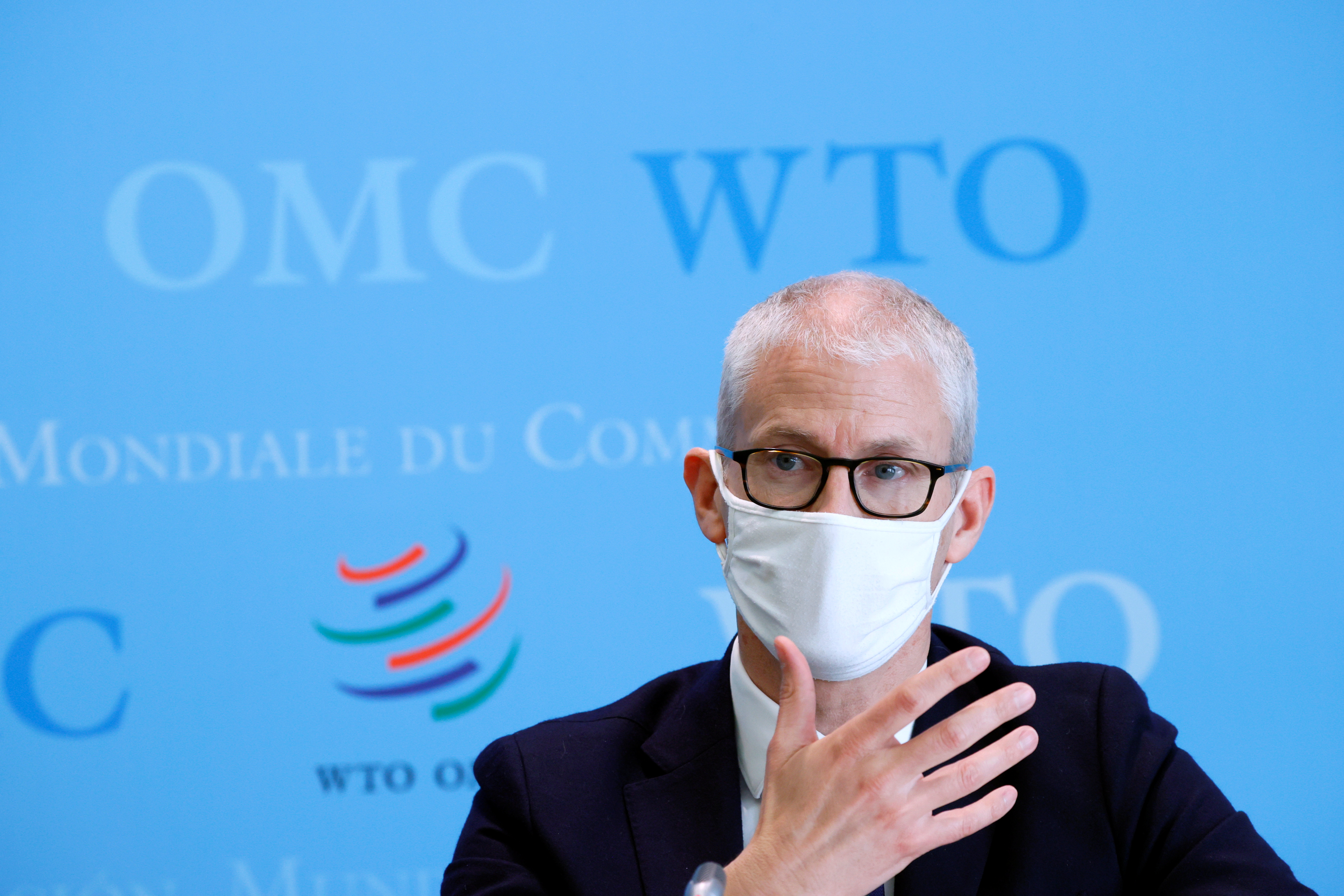 Franck Riester, France's minister delegate for foreign trade and economic attractiveness, speaks at a joint news conference with the French finance minister and WTO's director-general at WTO headquarters in Geneva, Switzerland, April 1, 2021. REUTERS/Denis Balibouse/Pool