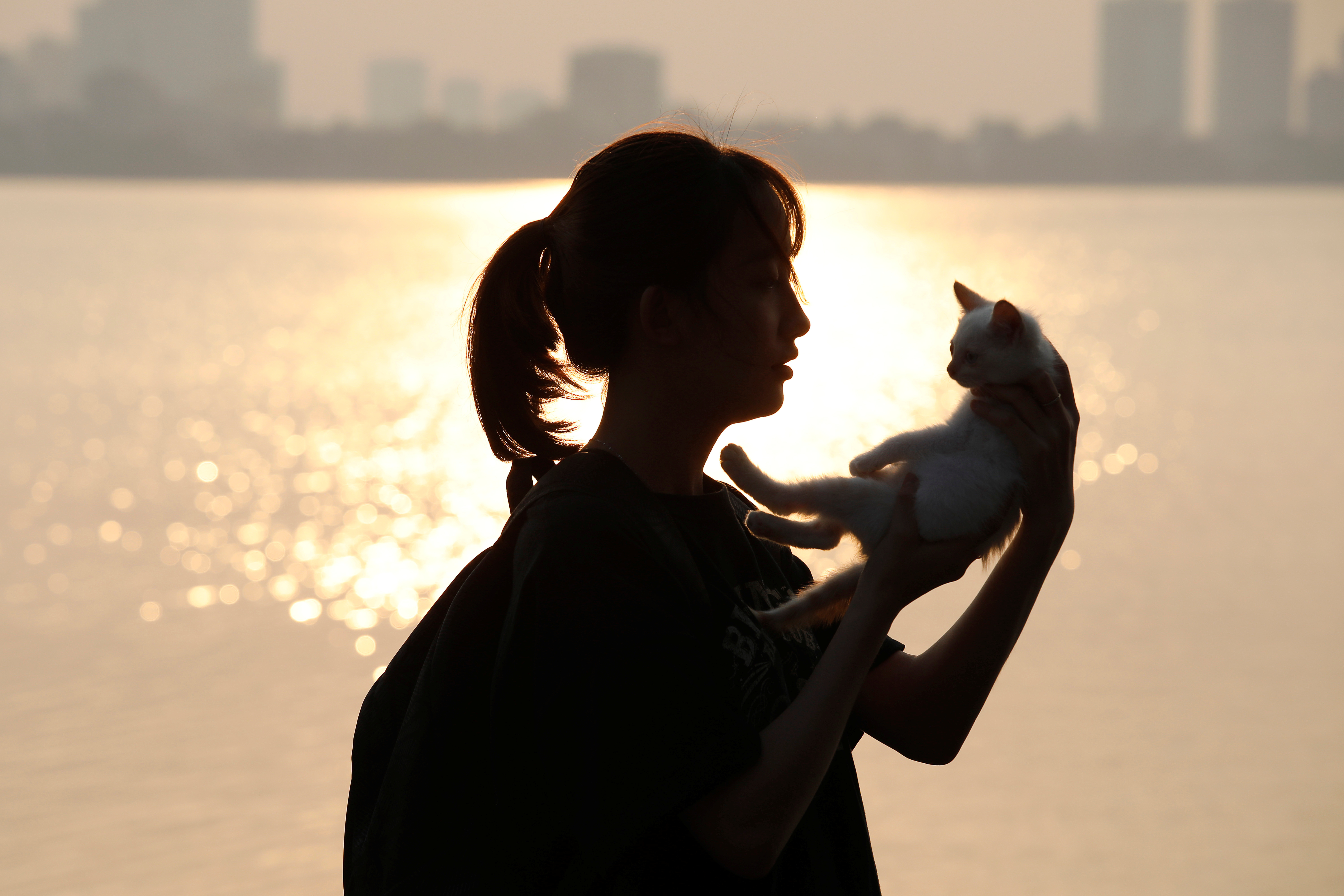 A girl plays with a cat near the Westlake after the government eased the nationwide lockdown during the coronavirus disease (COVID-19) outbreak in Hanoi