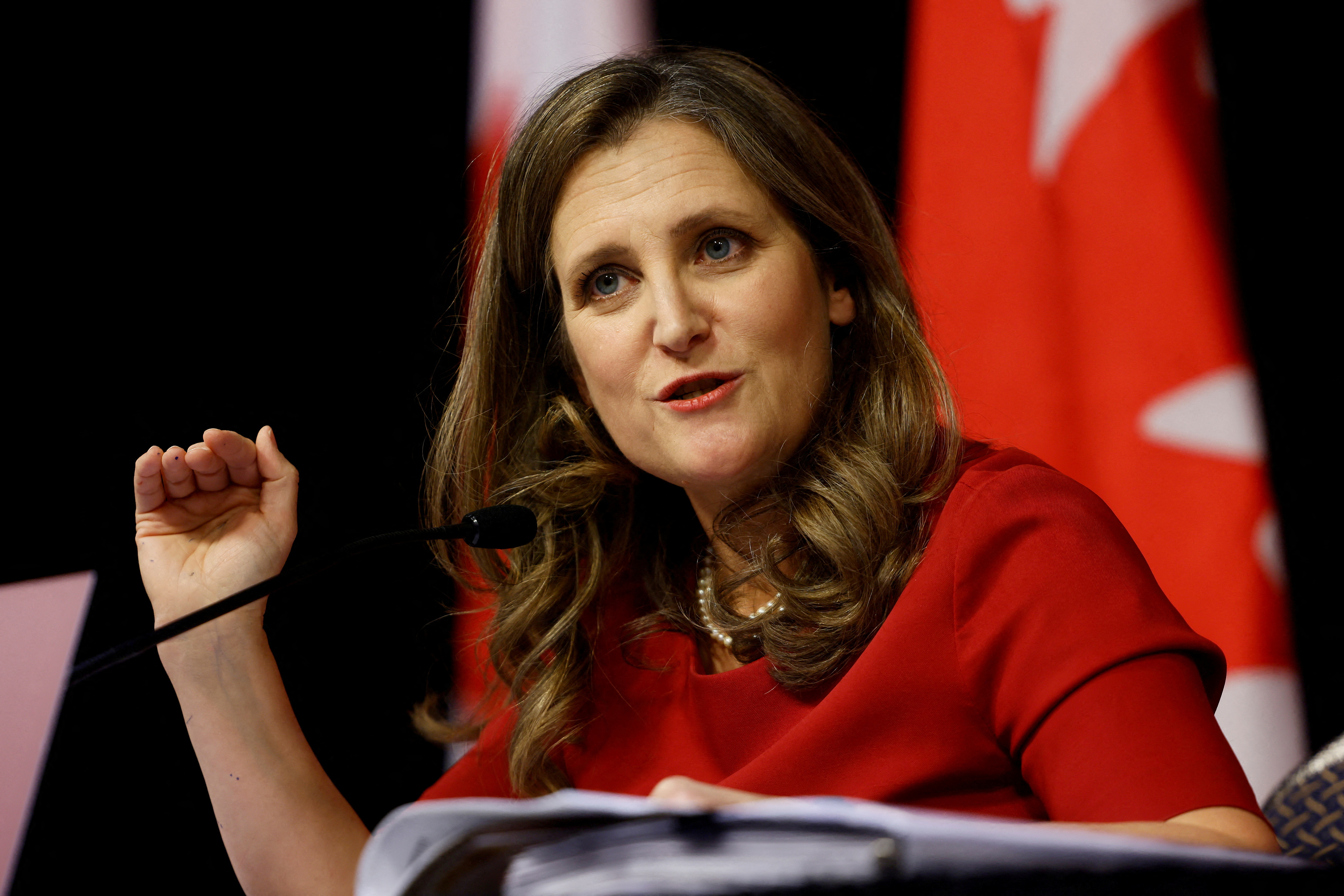 Canada's Deputy Prime Minister and Minister of Finance Chrystia Freeland takes part in a press conference before delivering the fall economic update in Ottawa