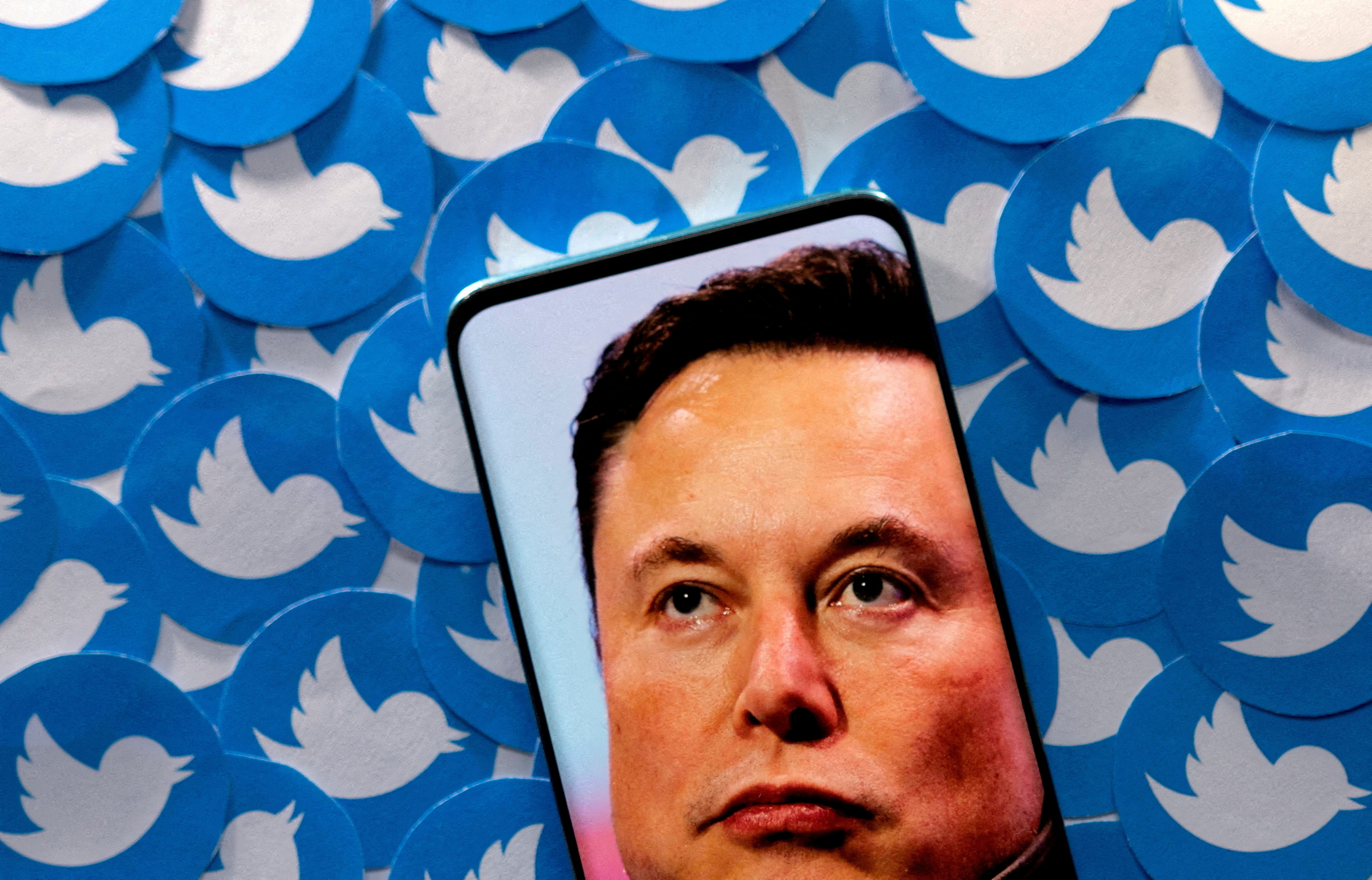 s Elon Musk image on smartphone and printed Twitter logos