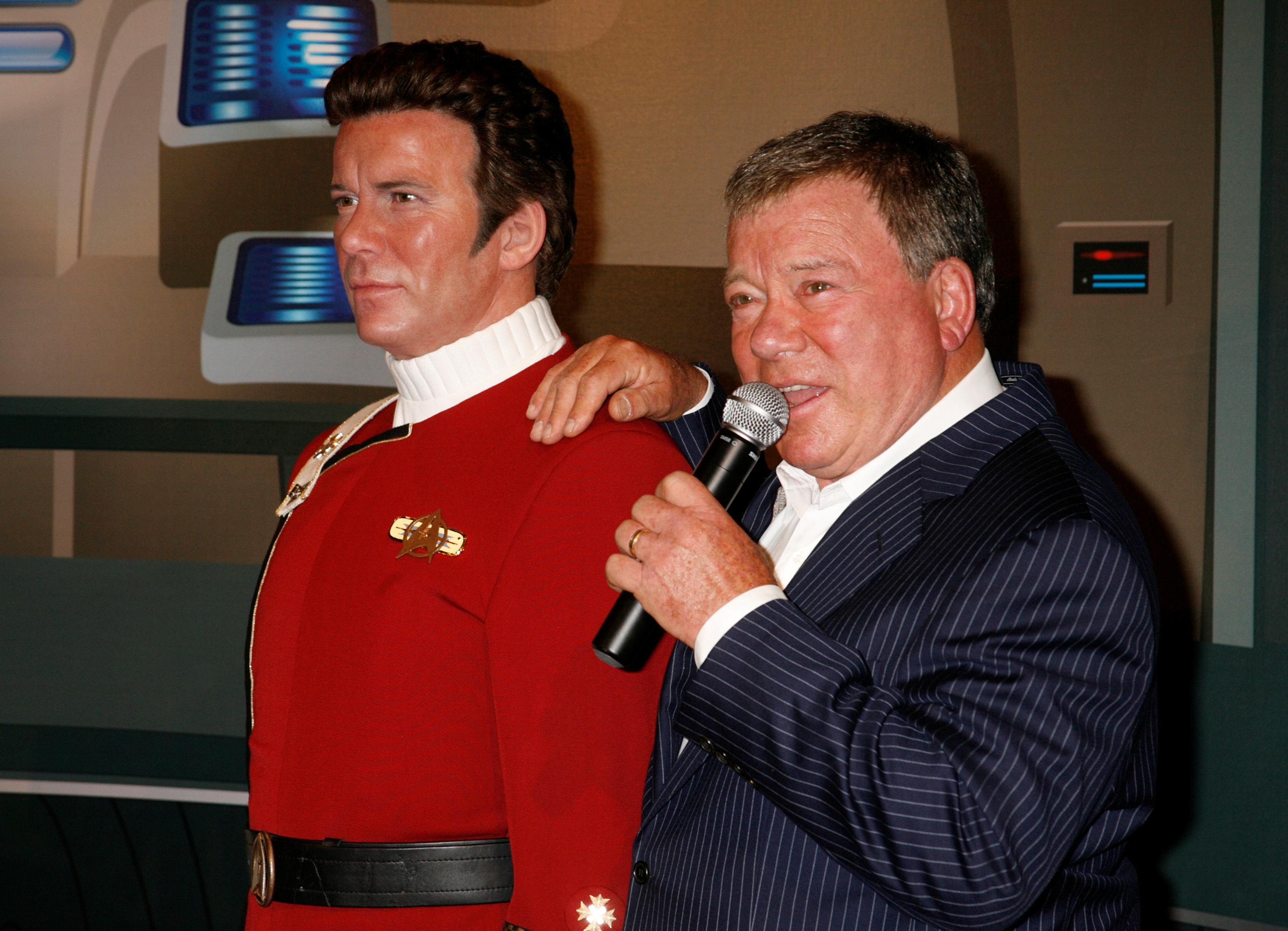 Canadian actor William Shatner speaks as he unveils a wax figure of himself at Madame Tussauds Hollywood