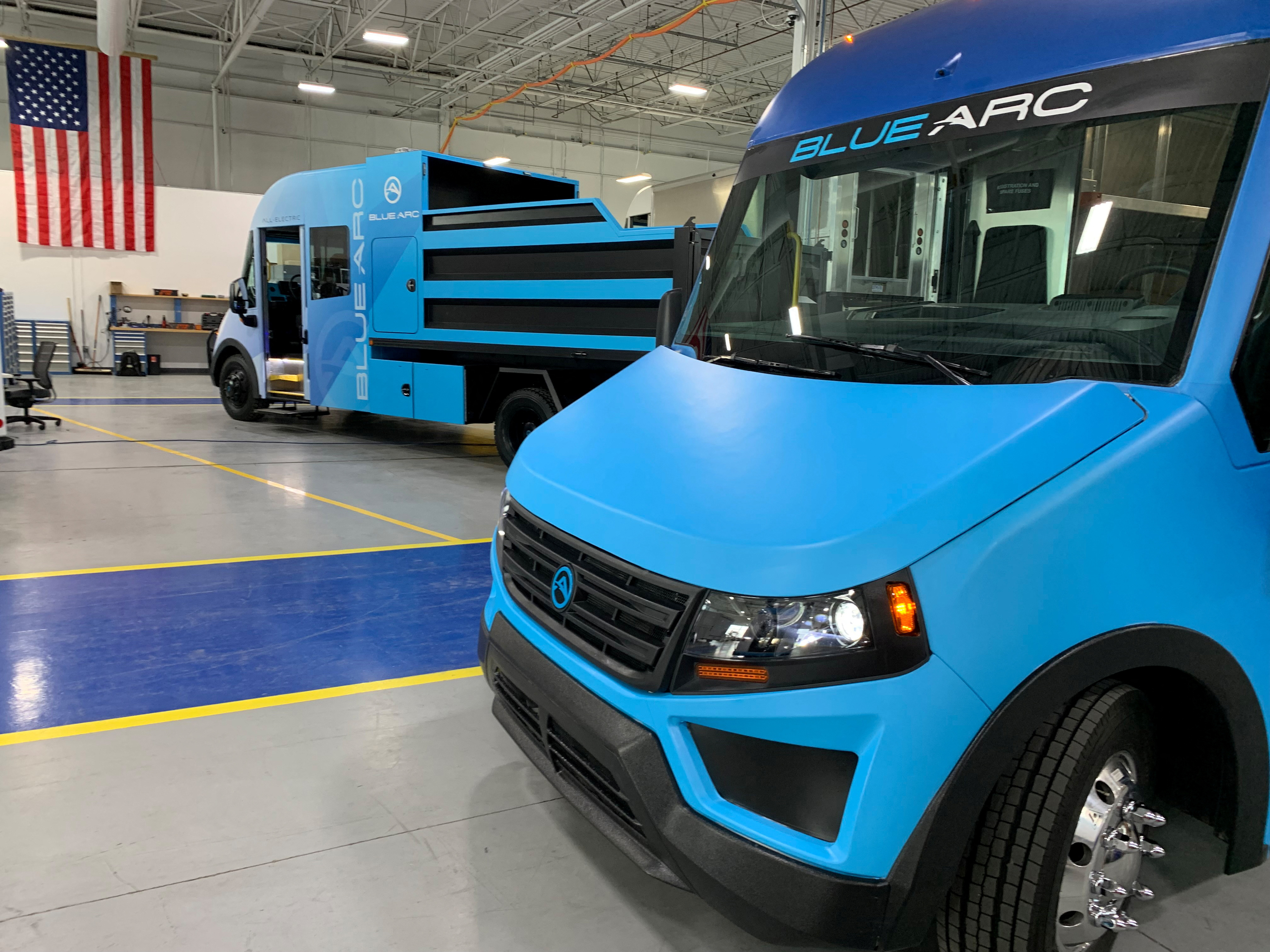 Blue Arc electric delivery truck and van are seen in a Shyft Group assembly facility in Novi