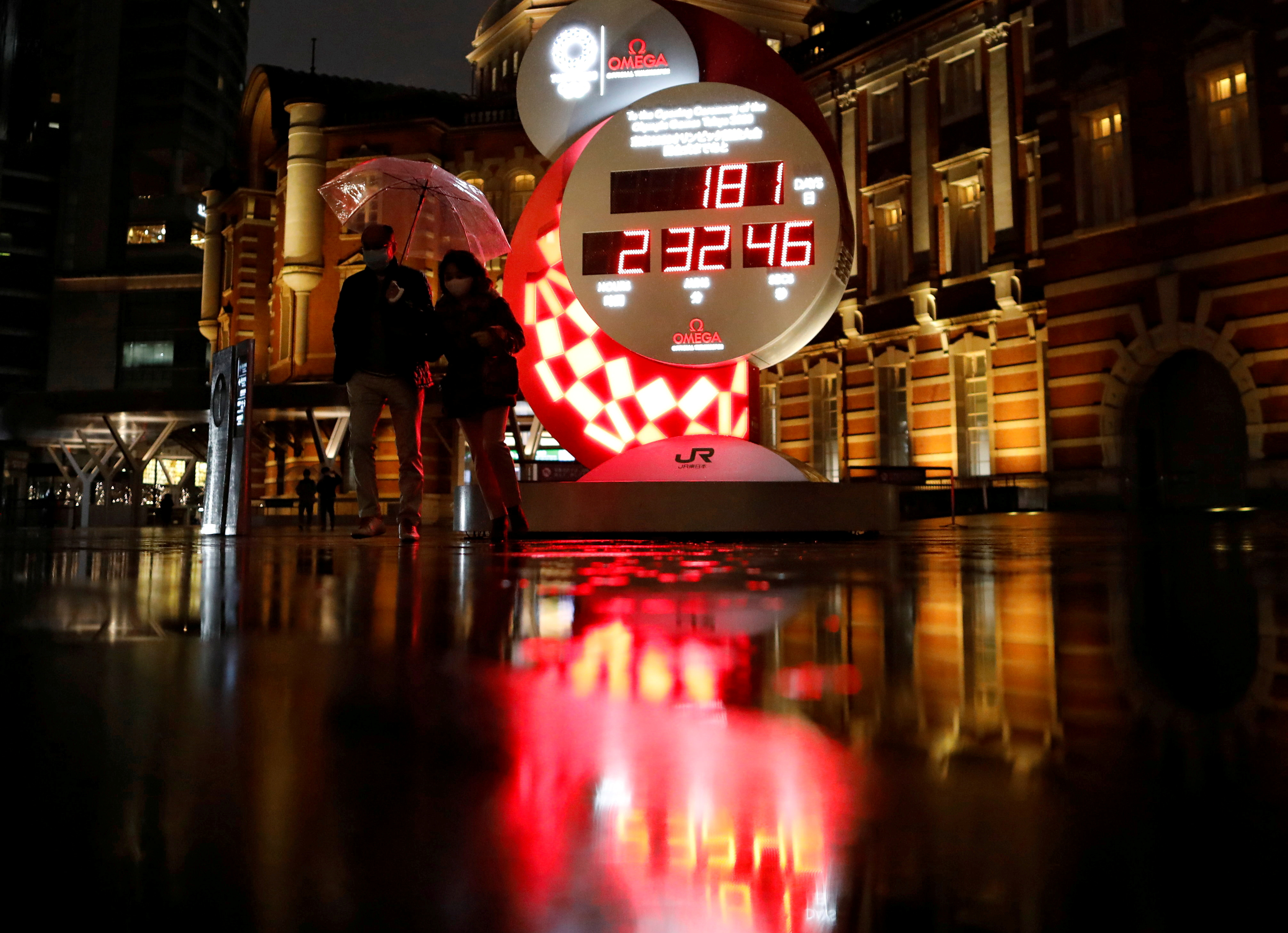 Passersby walk past a countdown clock to the Tokyo 2020 Olympic Games, amid the coronavirus disease (COVID-19) outbreak in Tokyo