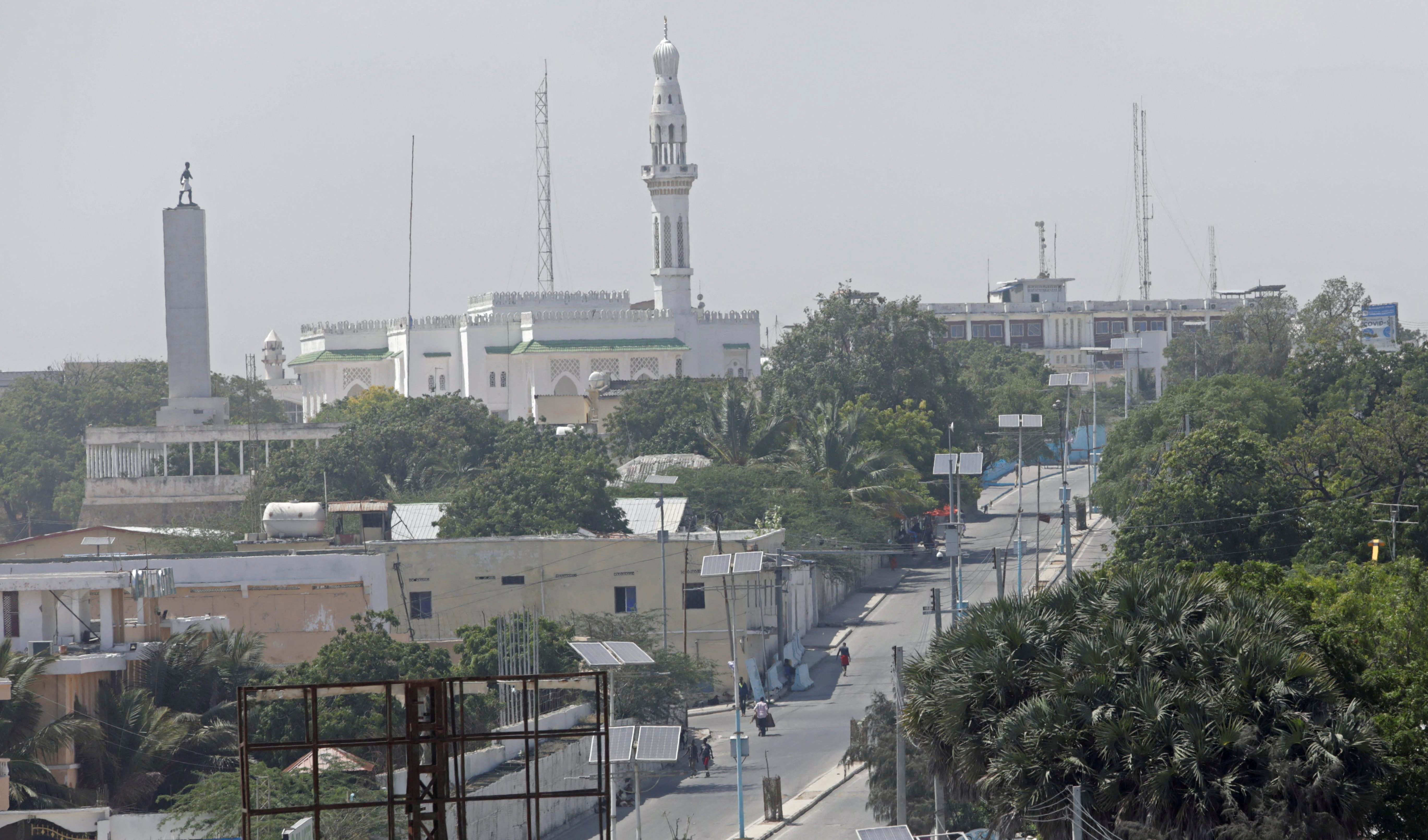 A general view shows a deserted street in front of the Presidential palace in Mogadishu