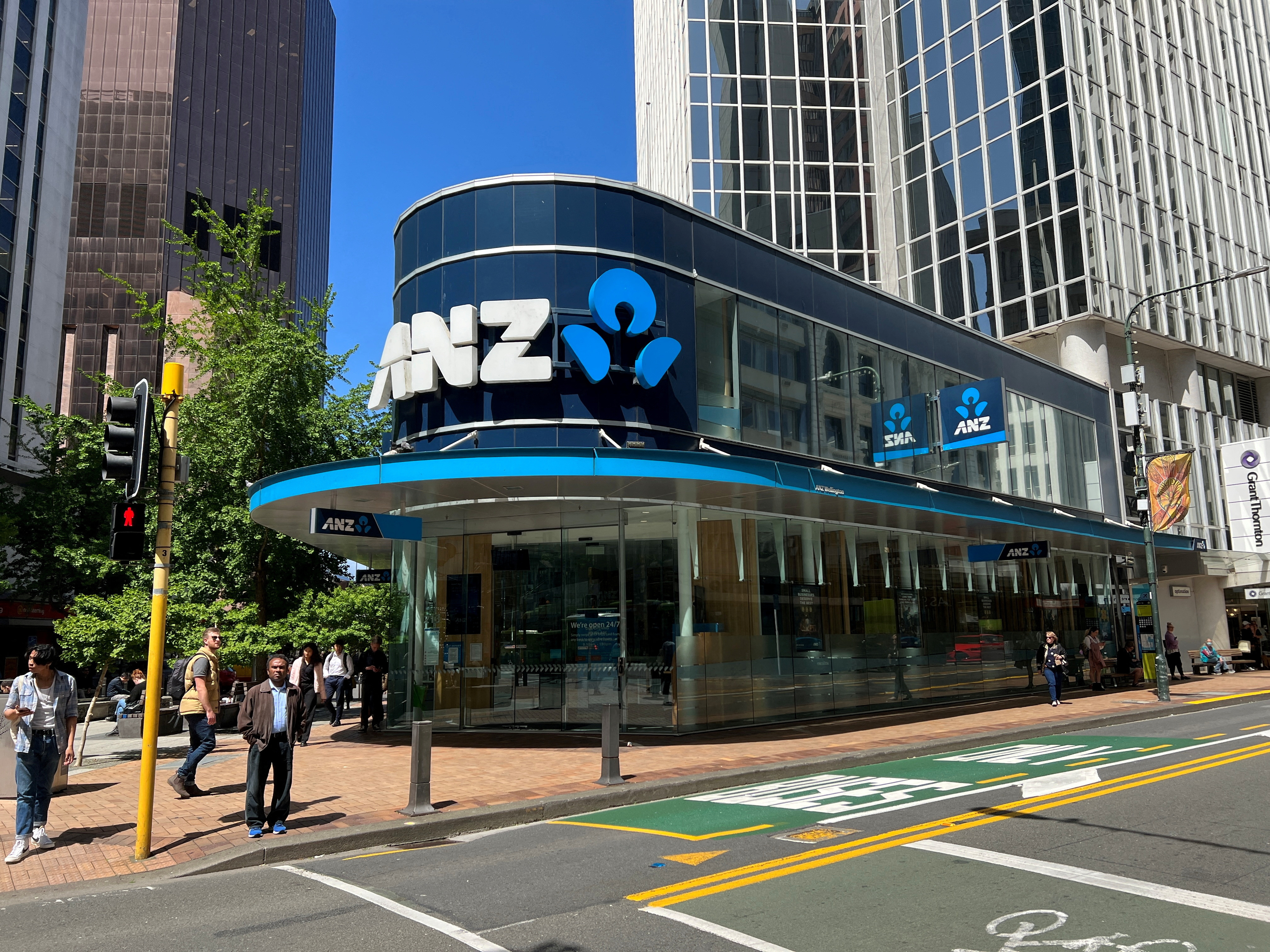 The logo of the ANZ Bank is seen at Lambton Quay, in Wellington