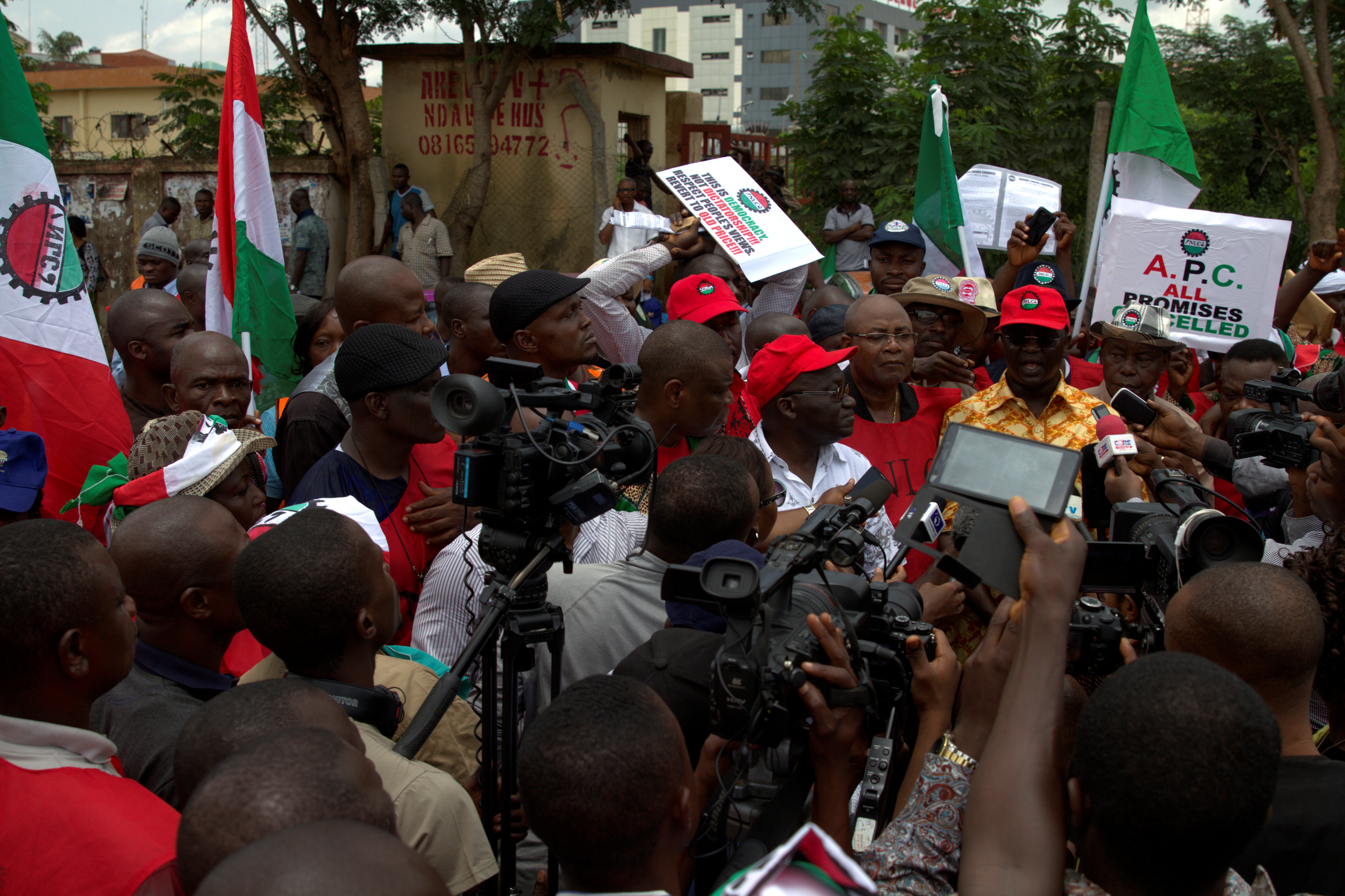 Nigeria Labour Union leader Ayuba Wabba addresses the media during a protest rally against fuel price hike in Abuja