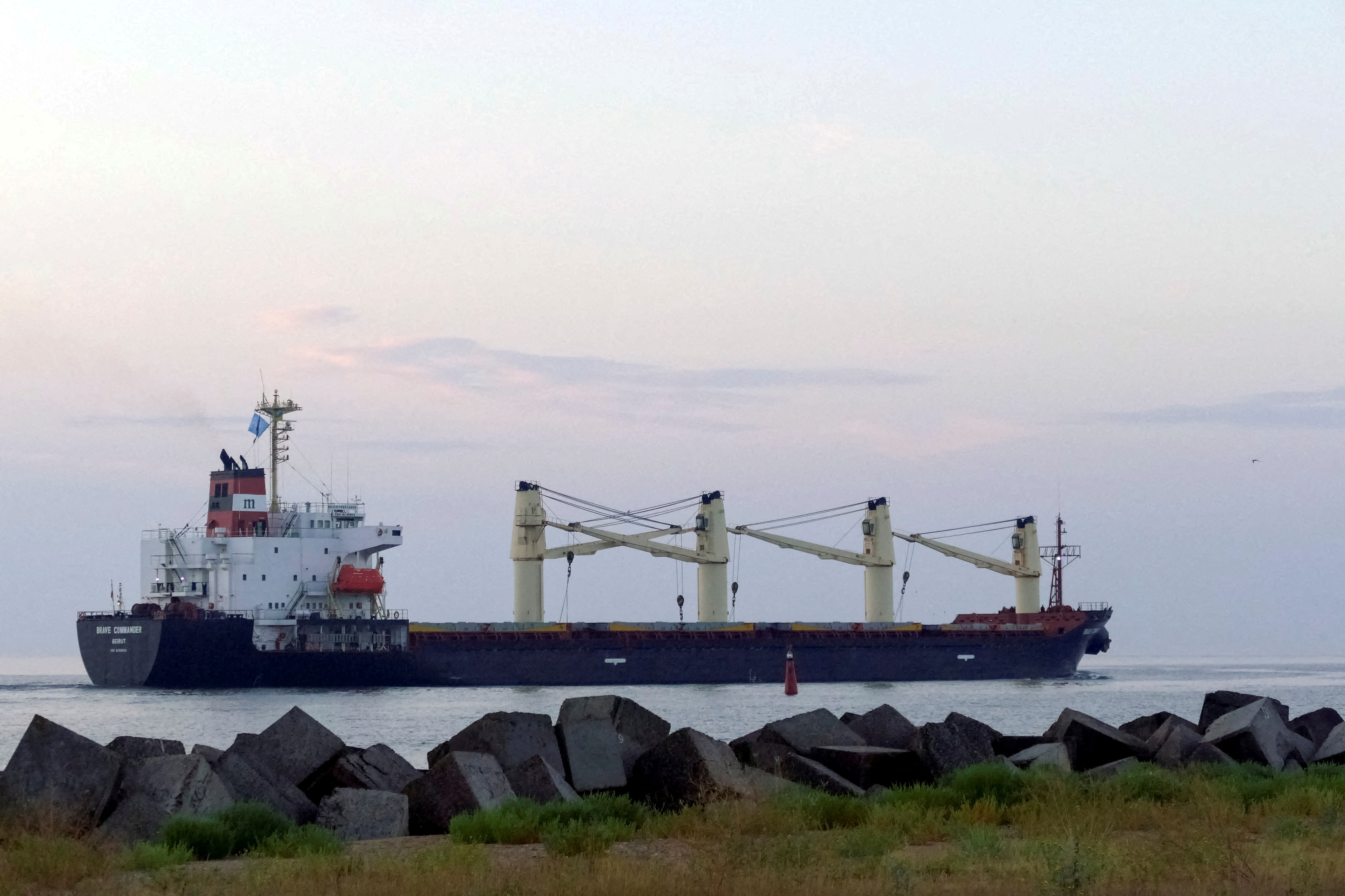 Lebanese-flagged bulk carrier Brave Commander leaves the sea port of Pivdennyi with wheat for Ethiopia, in the town of Yuzhne