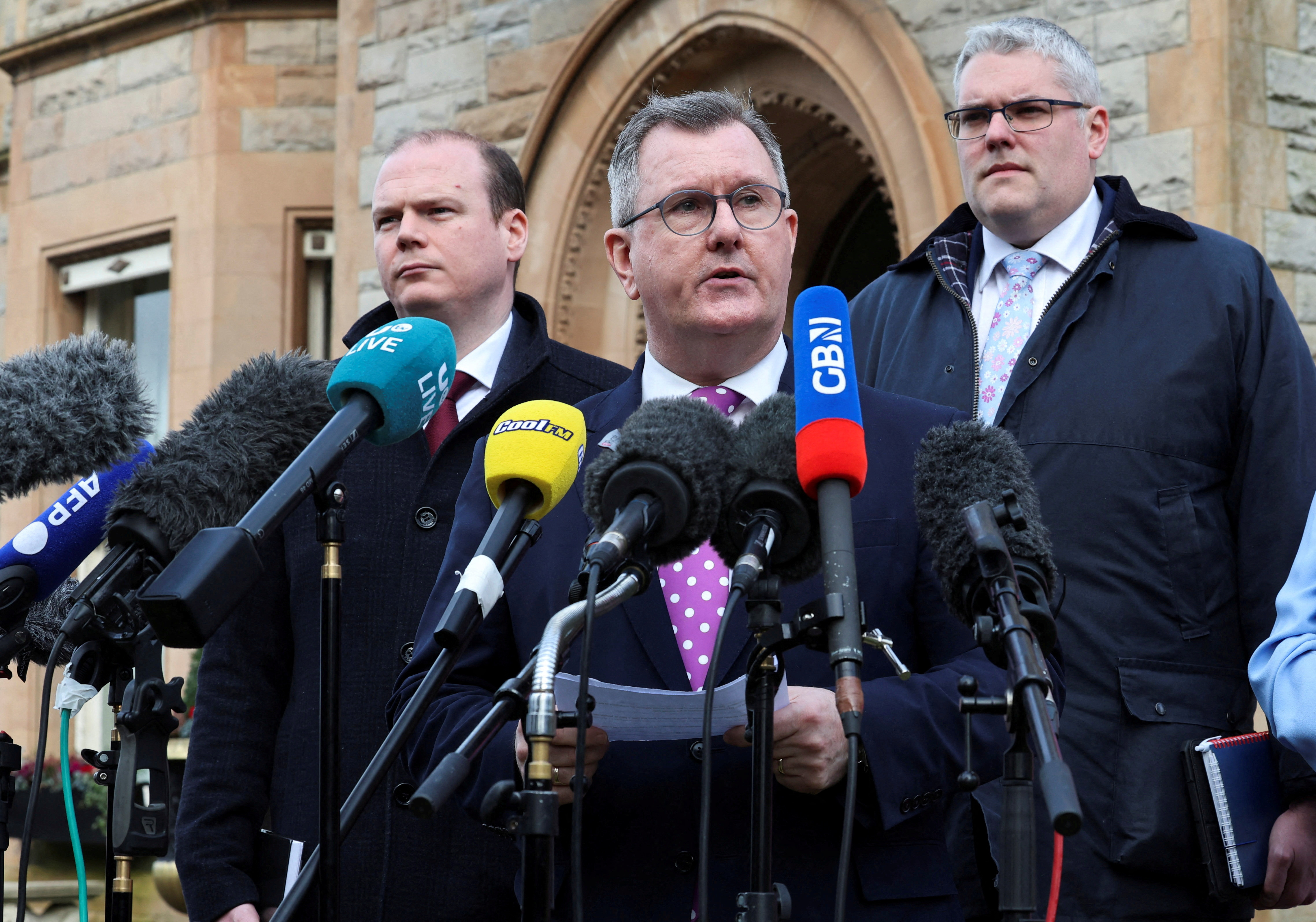 DUP leader Donaldson speaks after a meeting with British PM Sunak in Belfast