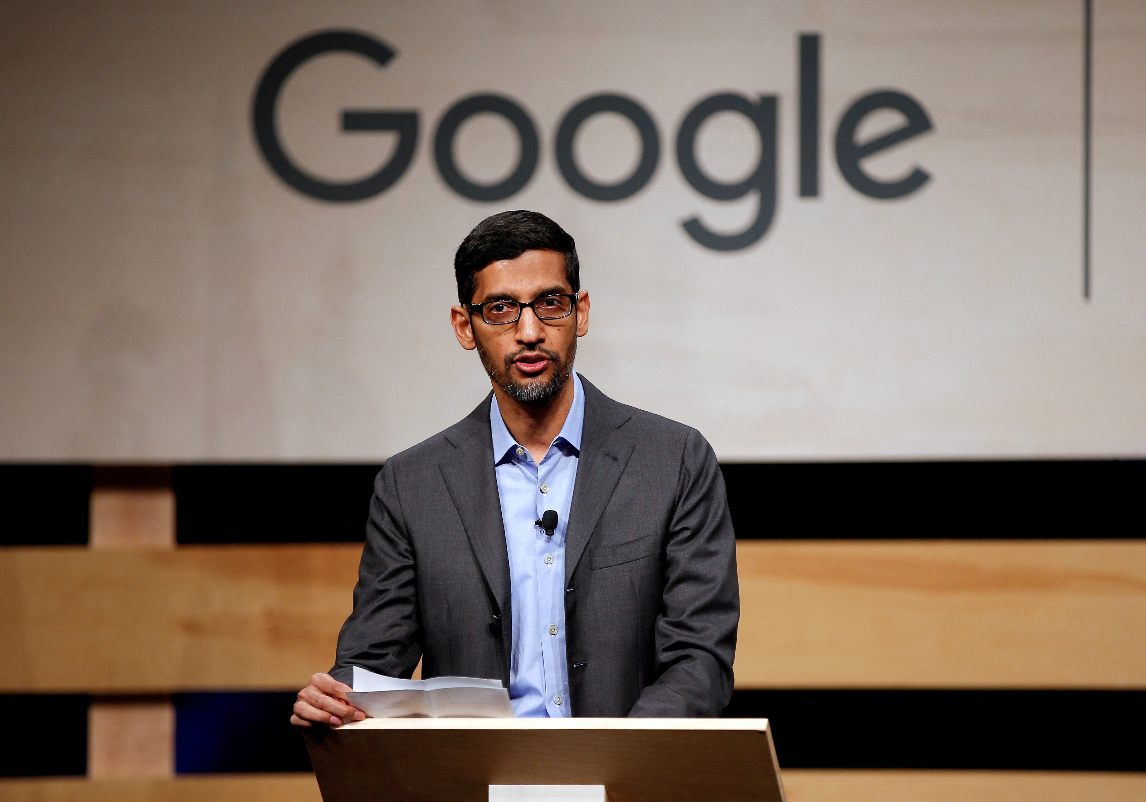 Google CEO Sundar Pichai speaks during signing ceremony committing Google to help expand information technology education at El Centro College in Dallas, Texas, U.S. October 3, 2019.
