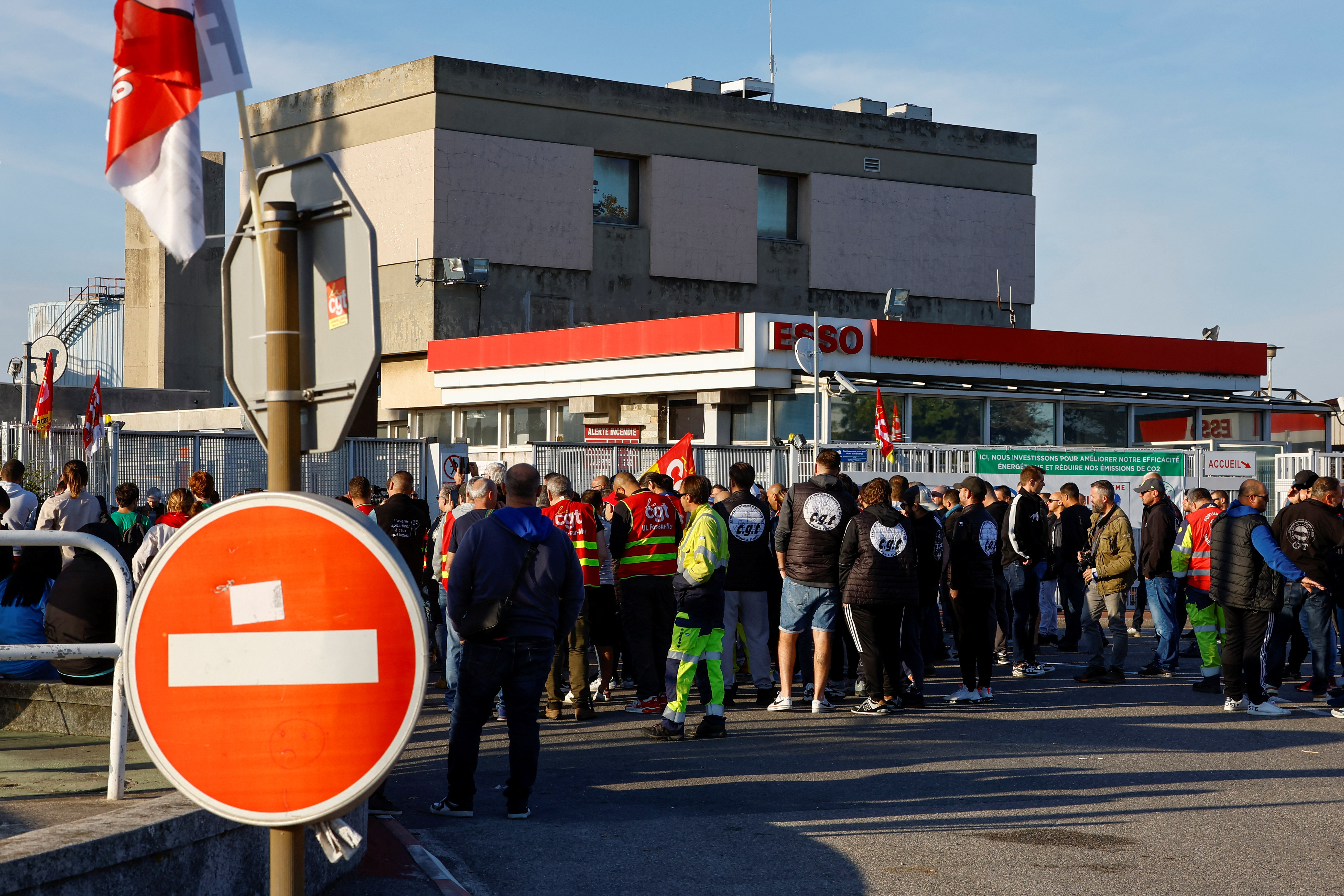 TotalEnergies and Esso ExxonMobil workers protest outside Esso refinery, in Fos-Sur-Mer