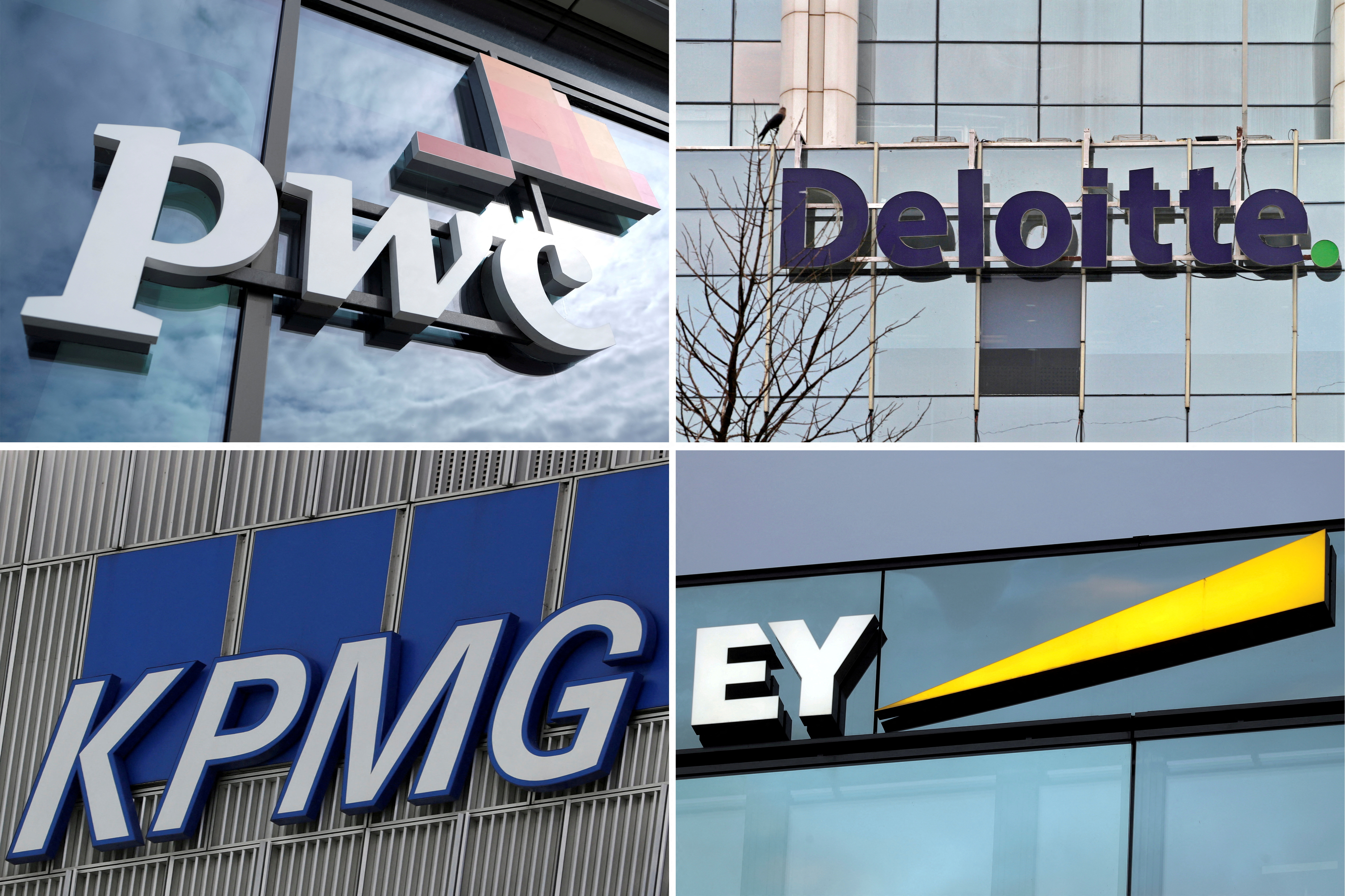 A combination of file pictures shows logos of accounting firms PwC, Deloitte, KPMG and EY