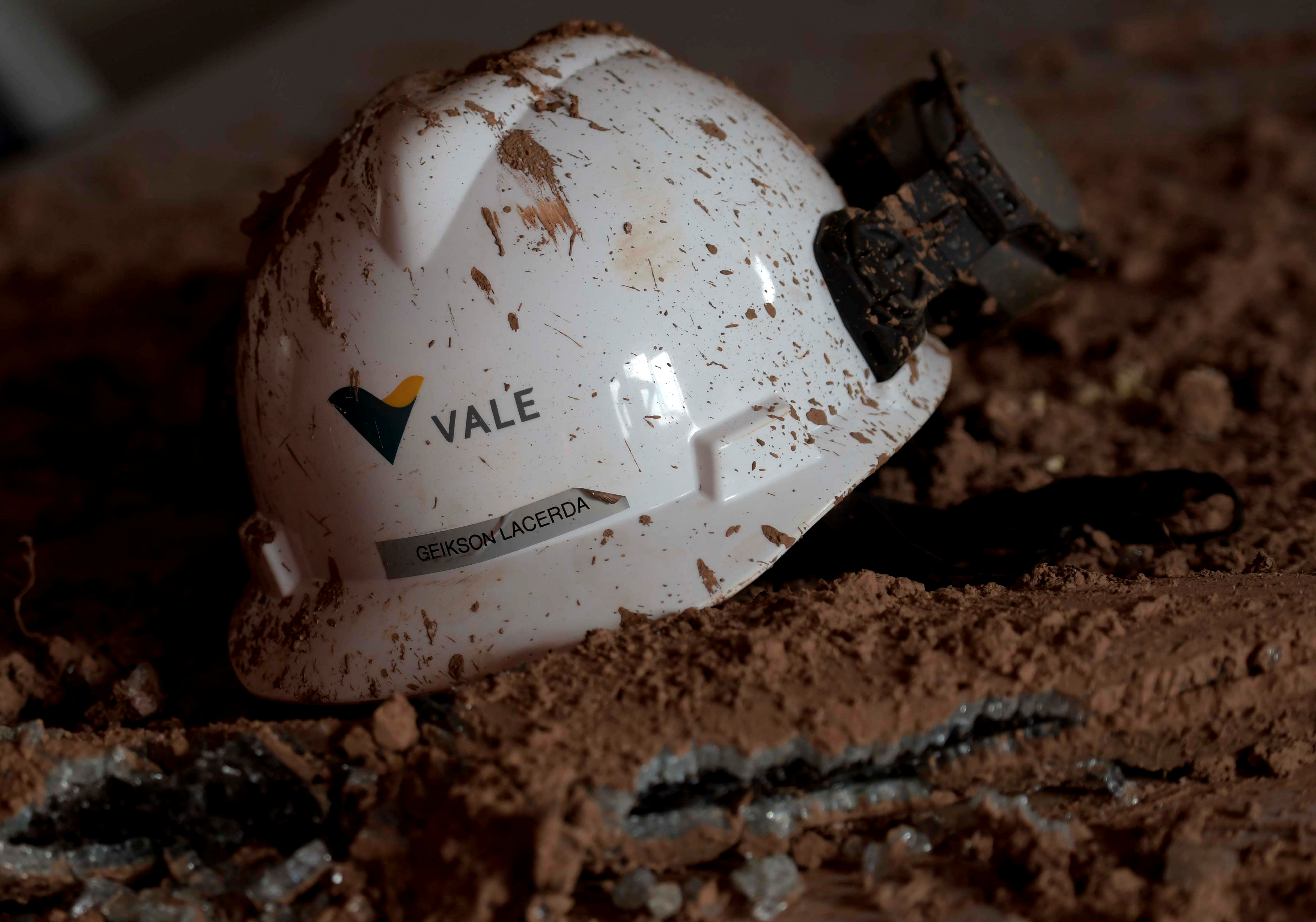 A helmet with a logo of Vale SA is seen in a collapsed tailings dam owned by the company, in Brumadinho