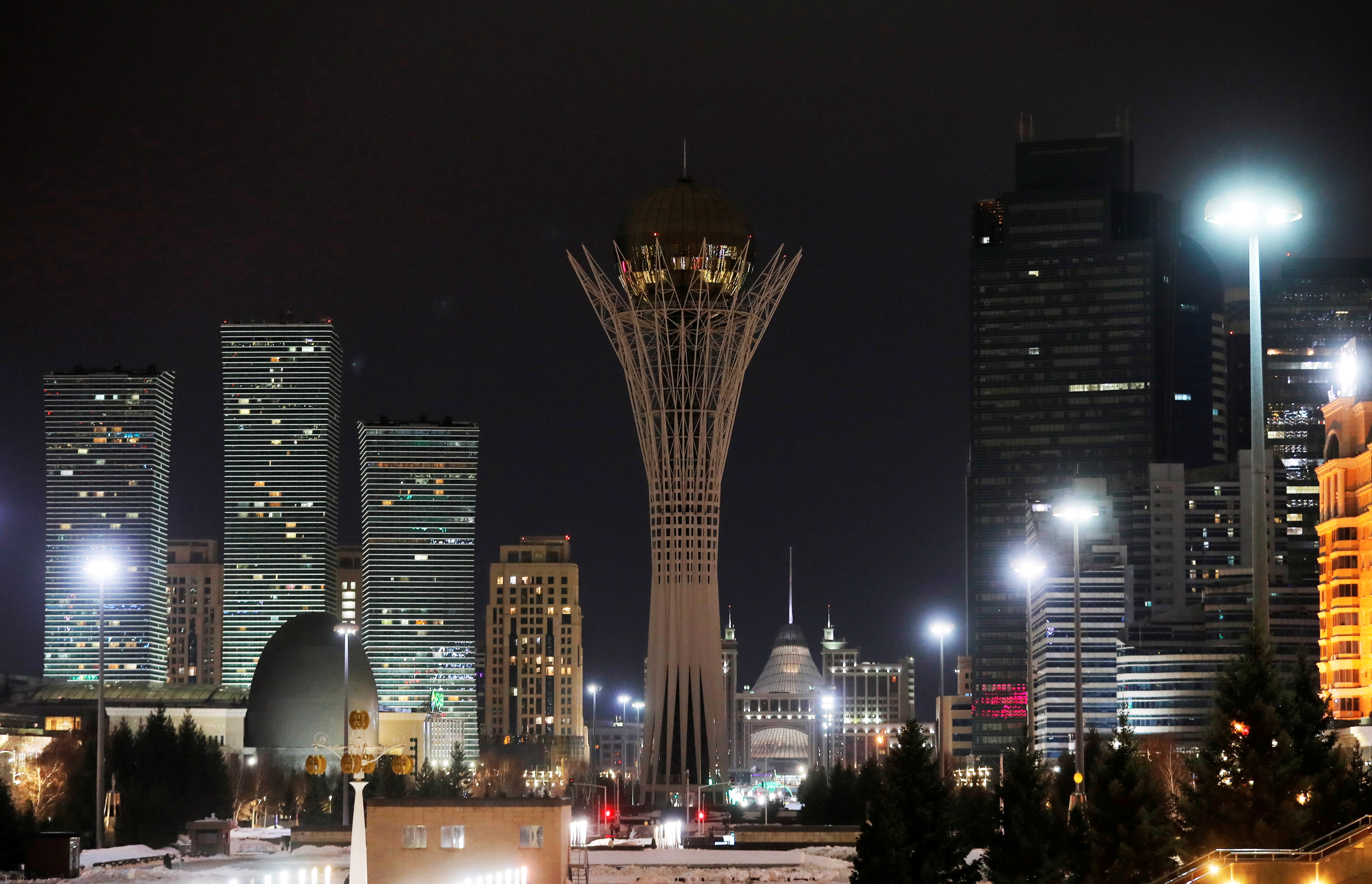 A view shows the monument Baiterek after the lights are switched off for Earth Hour in Nur-Sultan