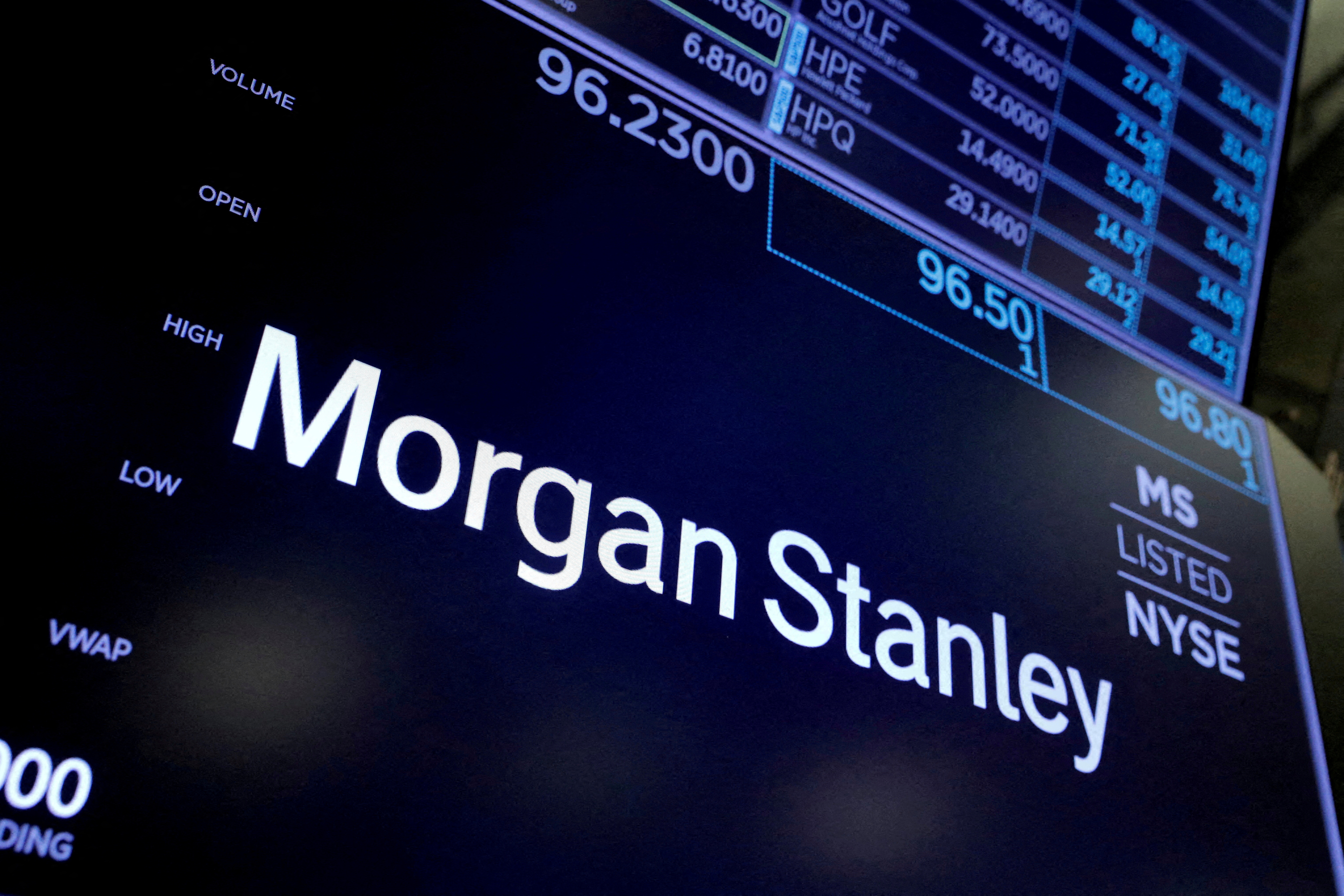 The logo for Morgan Stanley is seen on the trading floor at the New York Stock Exchange (NYSE) in Manhattan, New York City