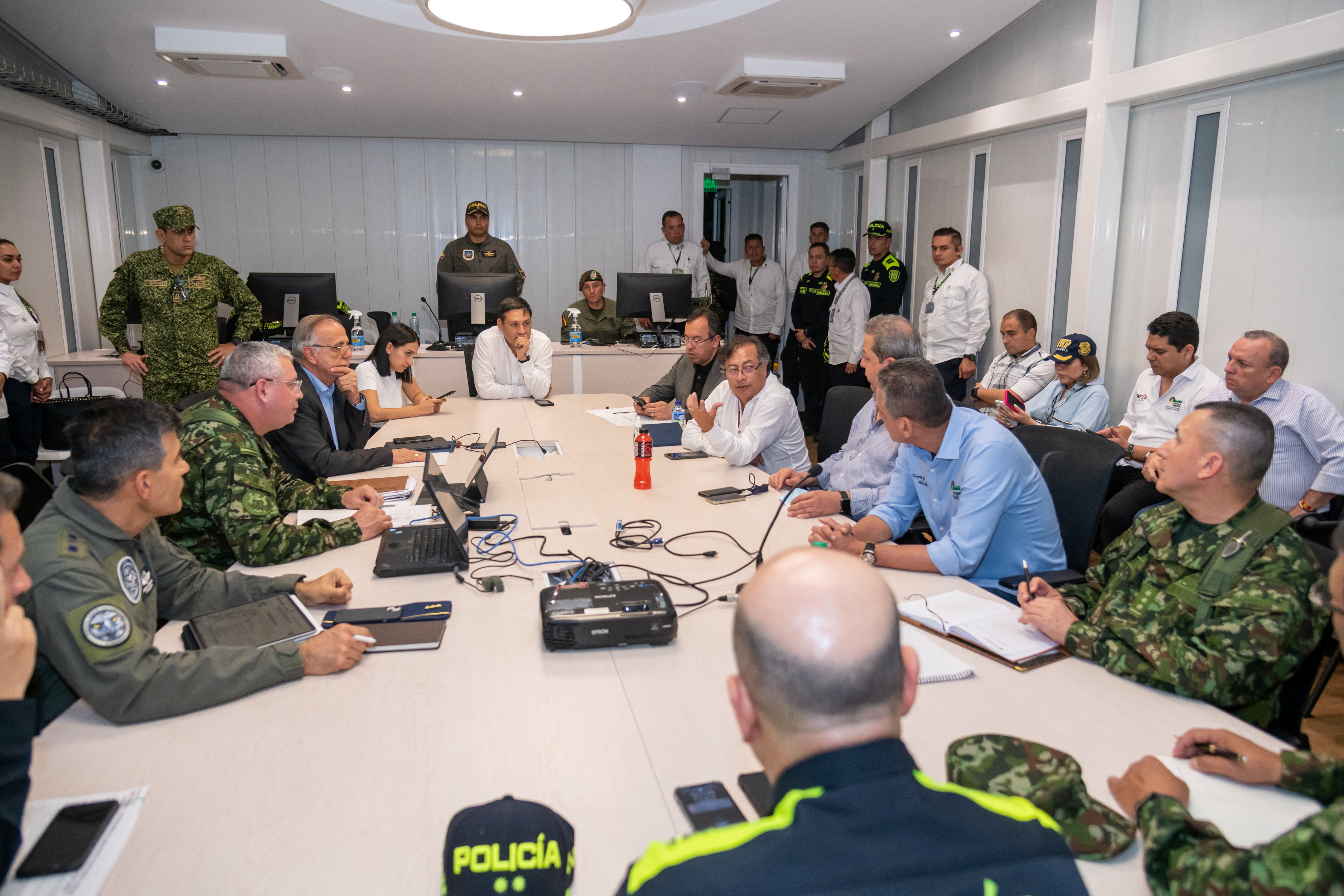 Colombian President Gustavo Petro speaks during a security council after an attack where several policemen died, at the Metropolitan Police building in Neiva