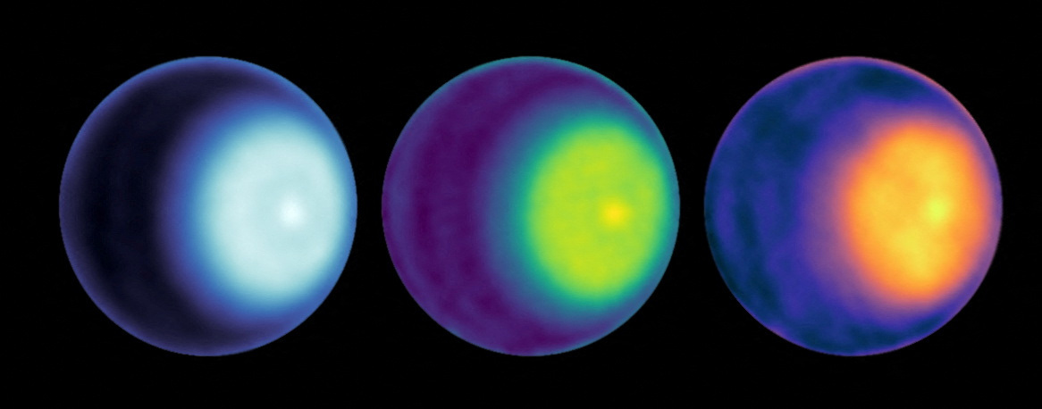 NASA scientists uses microwave observations to spot the first polar cyclone on Uranus, seen here as a light-colored dot to the right of center in each image of the planet