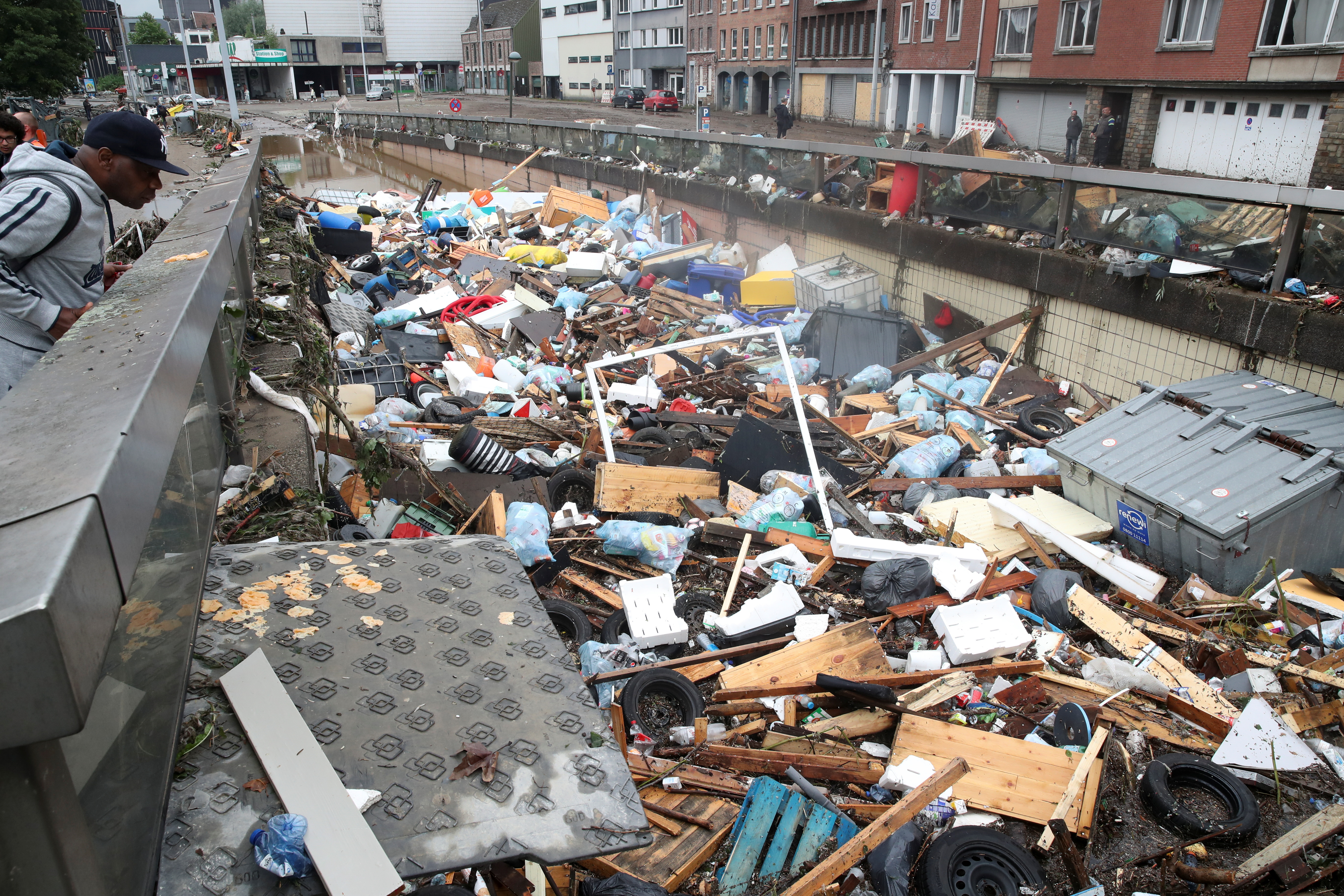 Wreckage lies on the river, following heavy rainfalls in Verviers, Belgium, July 16, 2021. REUTERS/Yves Herman