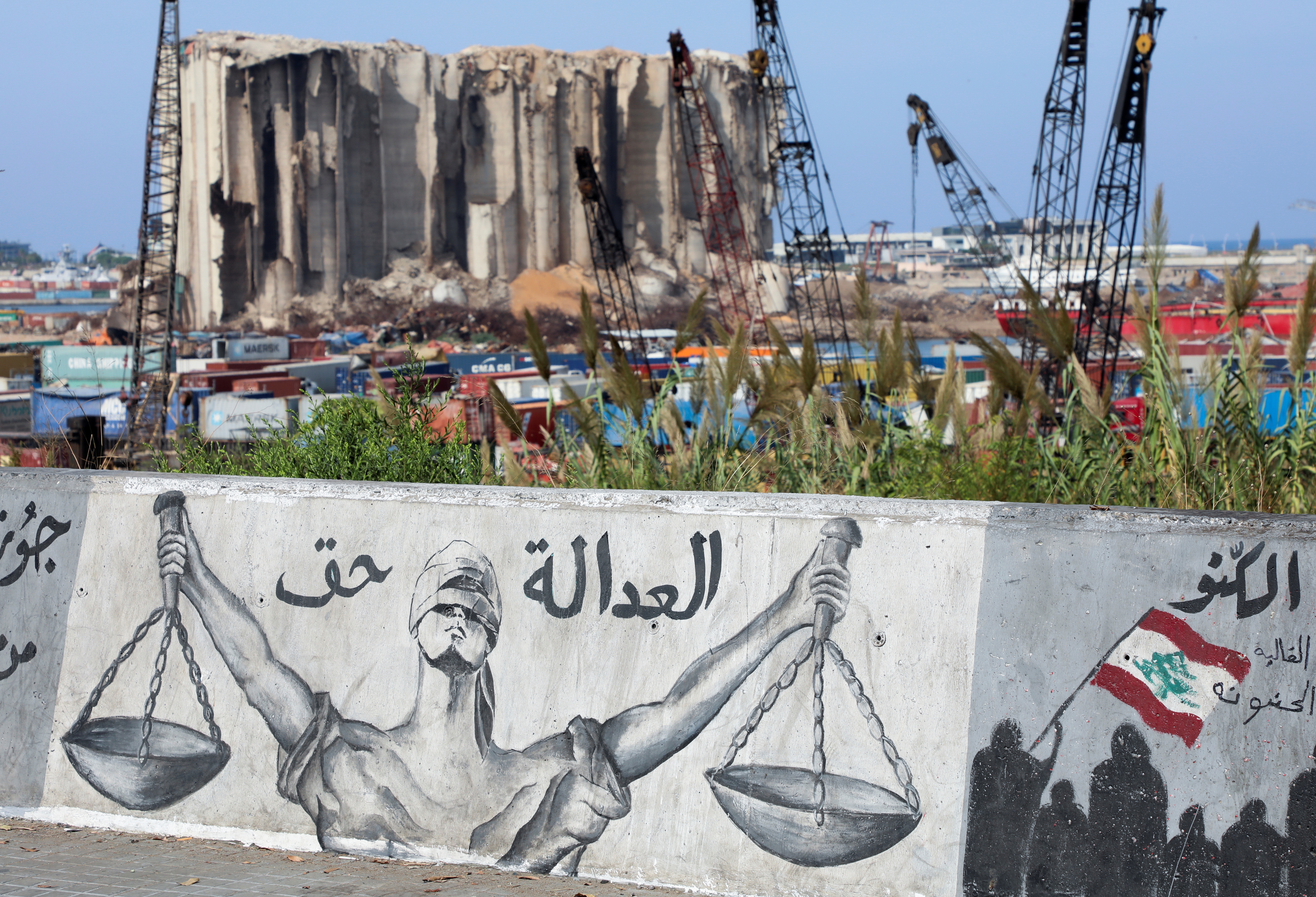 A general view shows the site of the 2020 Beirut port explosion, Lebanon October 13, 2021. The Arabic reads: 'The right to justice'. REUTERS/Mohamed Azakir