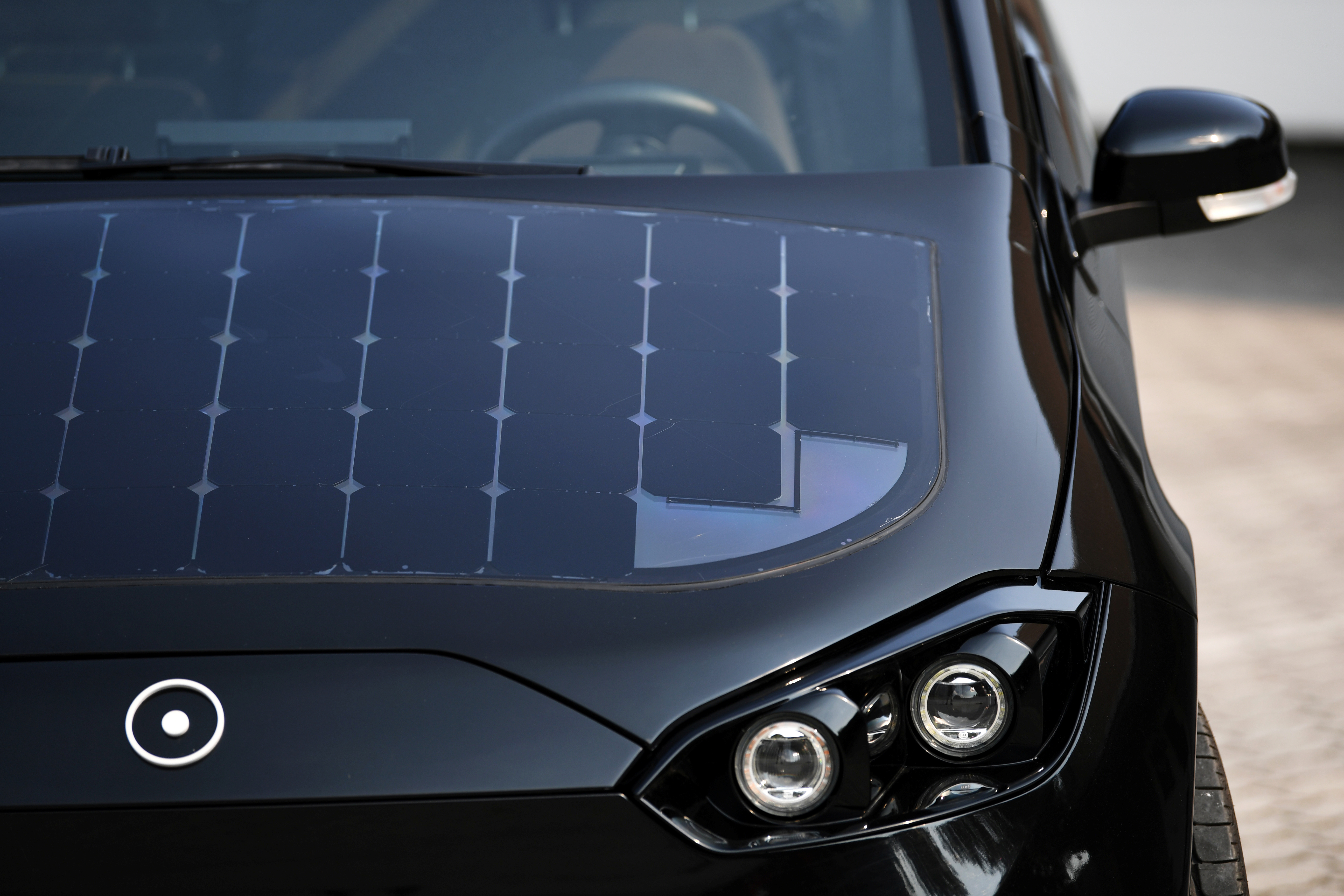 Solar cell panels are seen on the hood of German solar car company Sono Motors' prototype car 