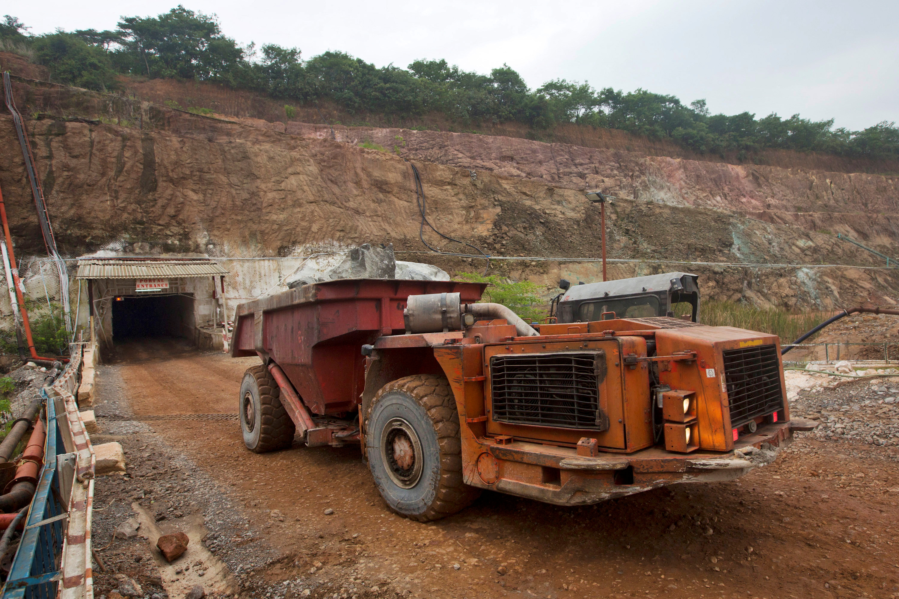 A truck exits the mine after collecting ore underground at the Chibuluma copper mine in Zambia