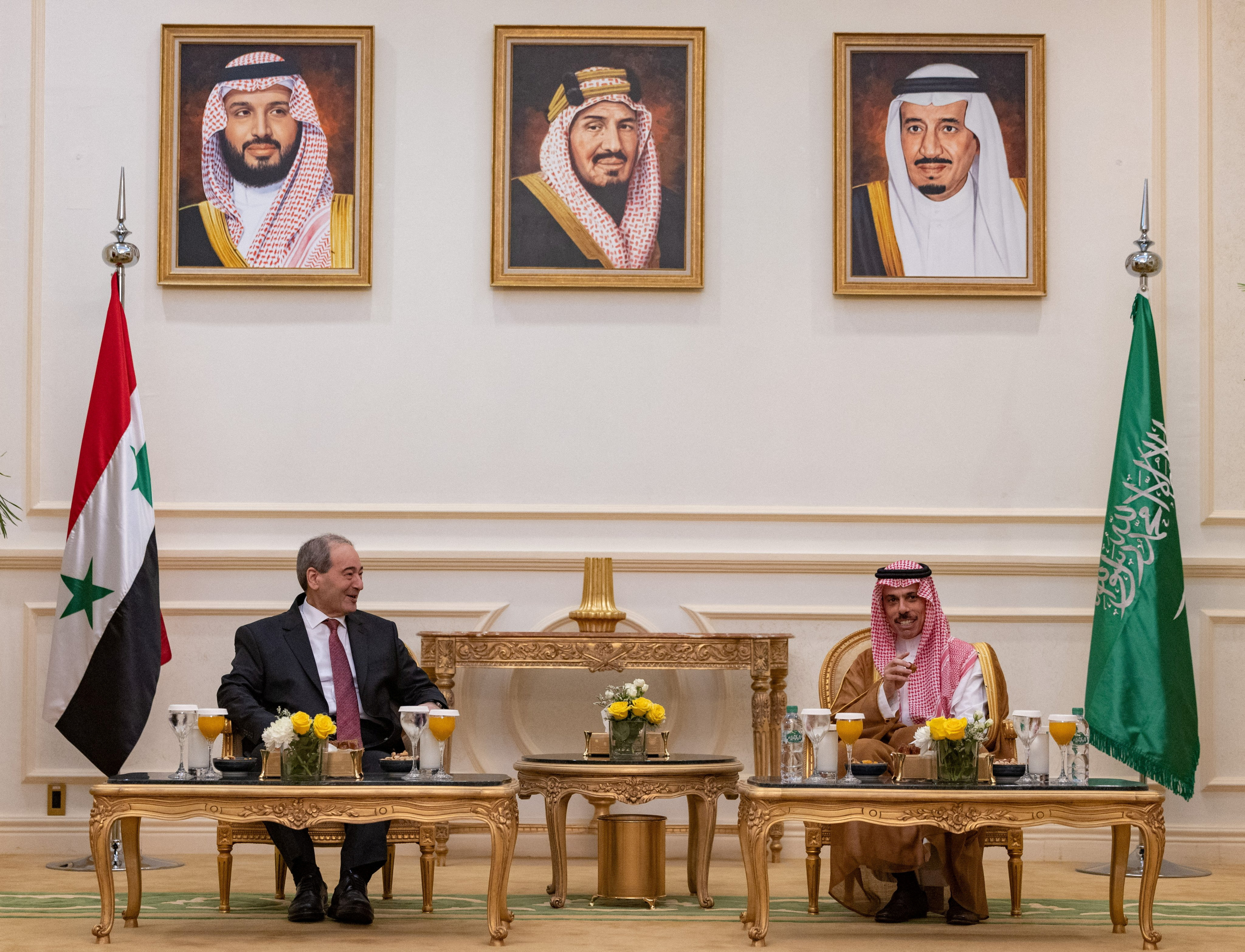 Saudi Foreign Minister Prince Faisal bin Farhan bin Abdullah meets with Syrian Minister of Foreign Affairs and Expatriates Faisal Mekdad in Jeddah, Saudi Arabia