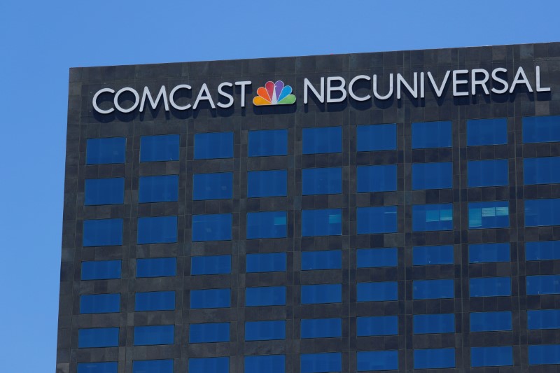 The Comcast NBC Universal logo is shown on a building in Los Angeles, California