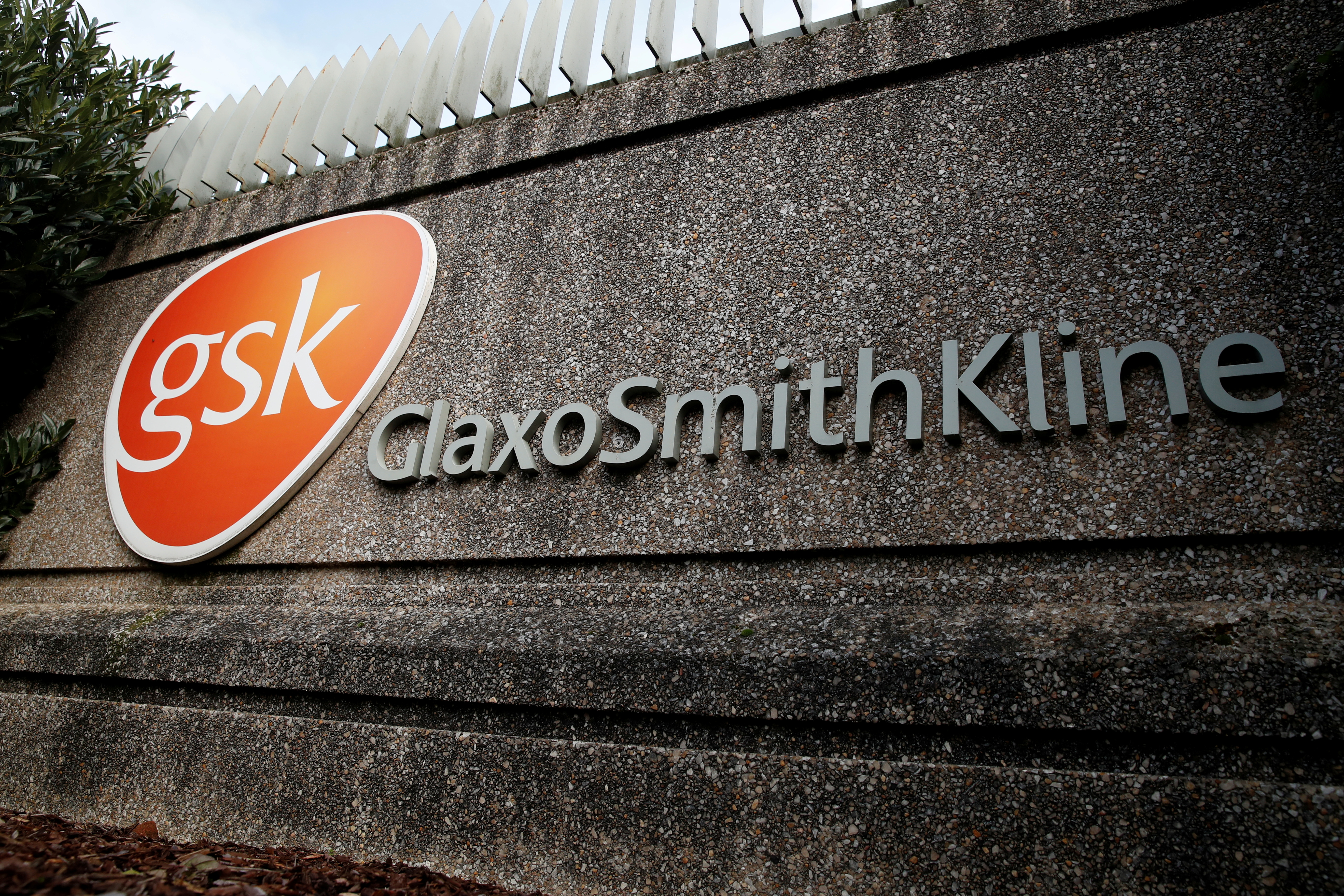 Company logo of pharmaceutical company GlaxoSmithKline is seen at their Stevenage facility, Britain October 26, 2020. REUTERS/Matthew Childs/File Photo