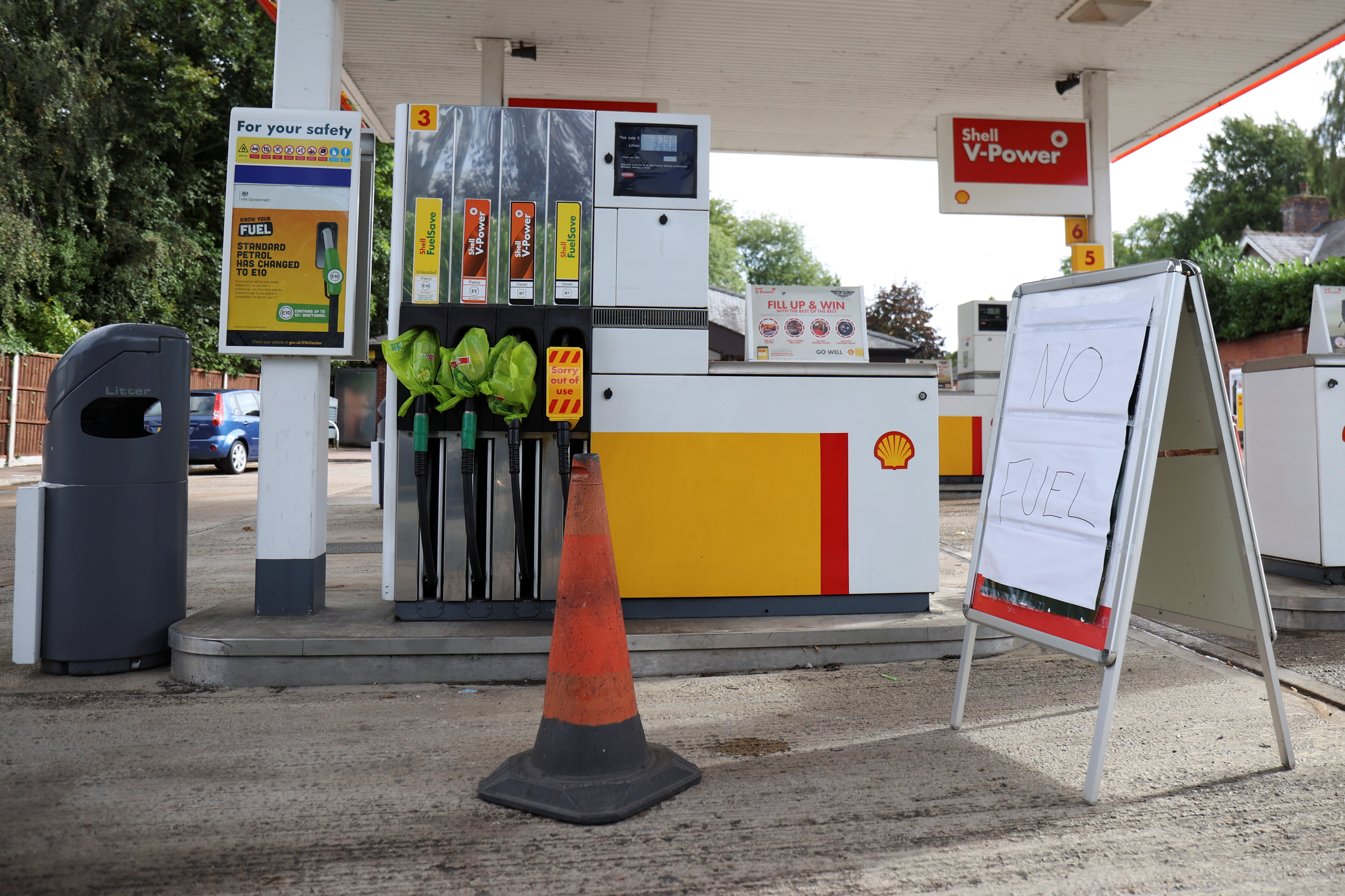 A Shell petrol station that has run out of fuel is seen in Northwich