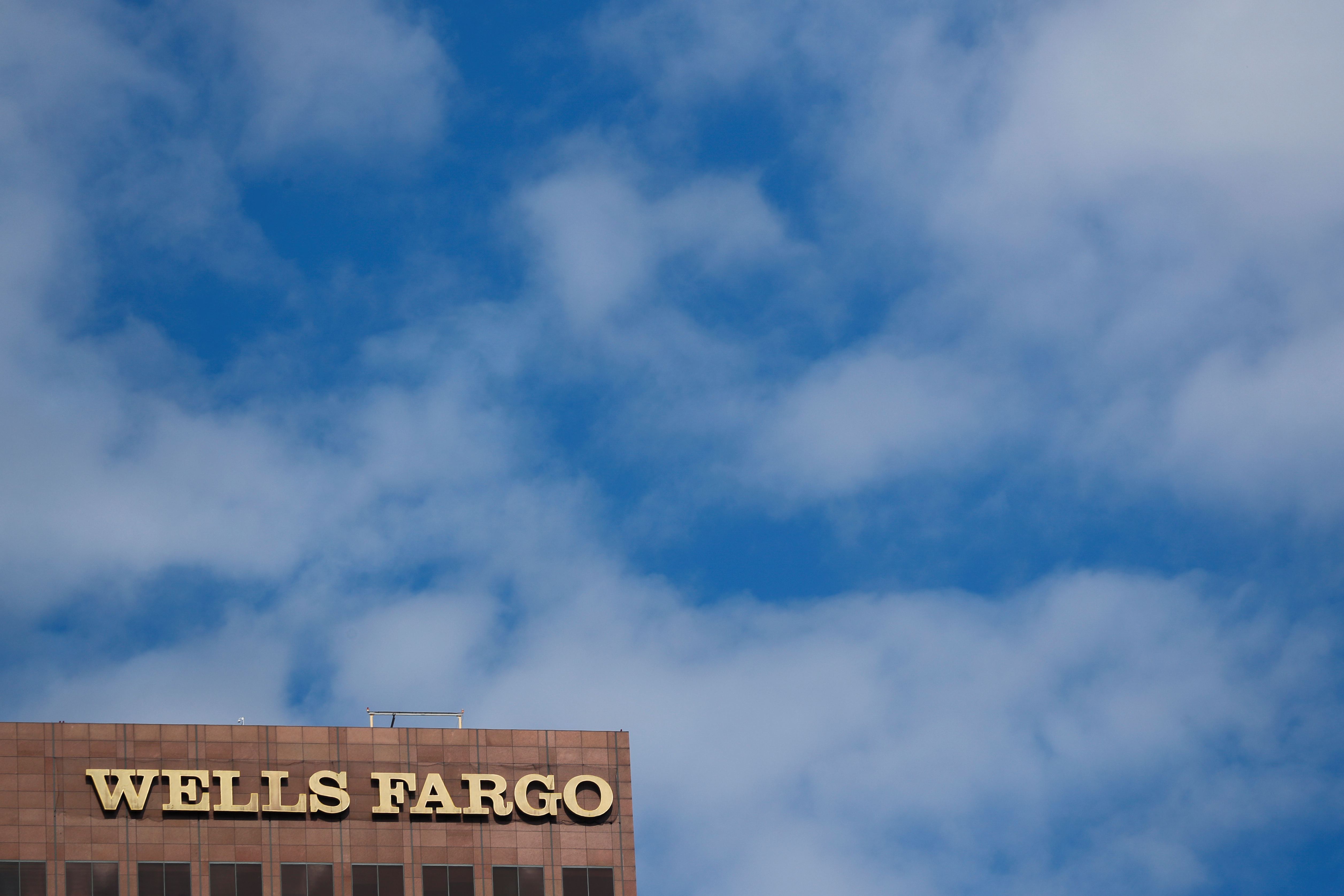 The Wells Fargo name is shown on an office town in downtown Los Angeles