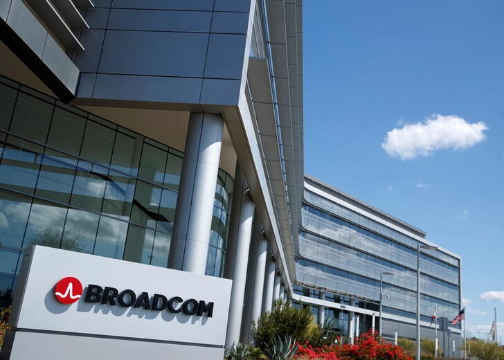 The Broadcom Limited company logo is shown outside one of their office complexes in Irvine, California