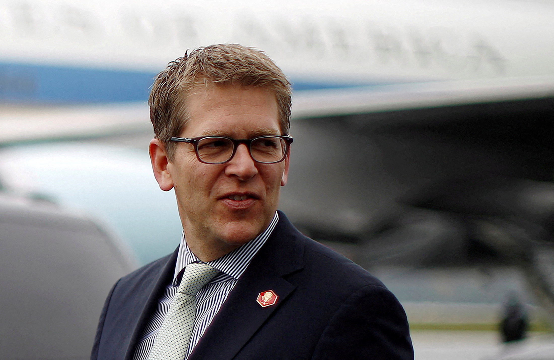  Then-White House Press Secretary Jay Carney is pictured upon his arrival in Swanton, Ohio, U.S., September 26, 2012. REUTERS/Jason Reed/File Photo